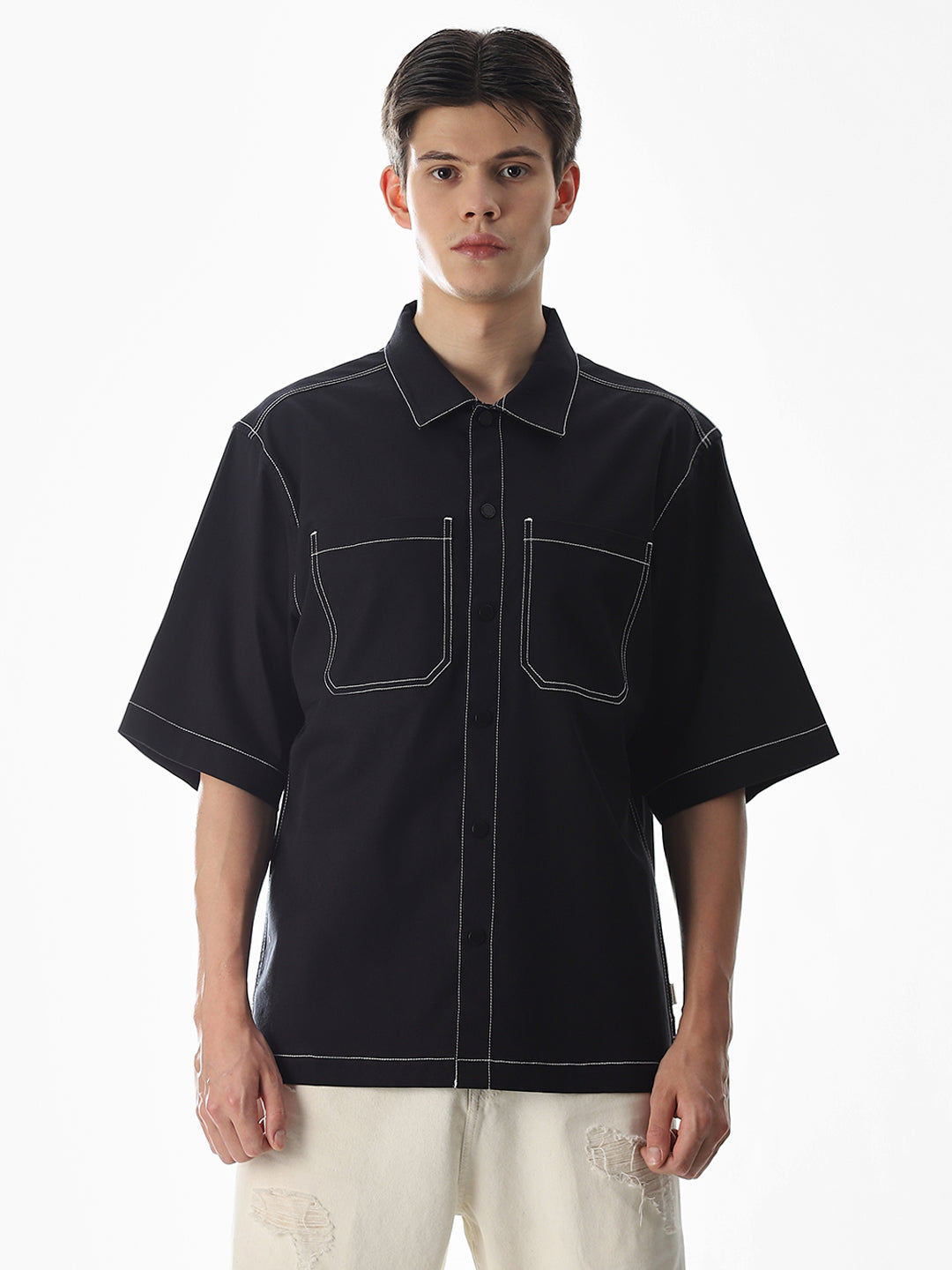 Black Contrast Stitch Oversized Shirt