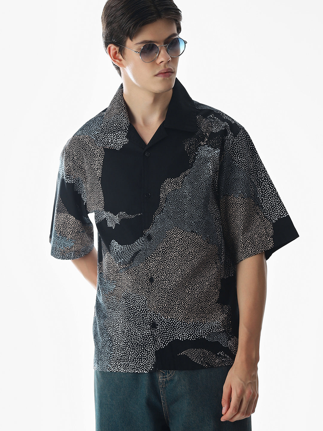Black Printed Cotton Oversized Shirt