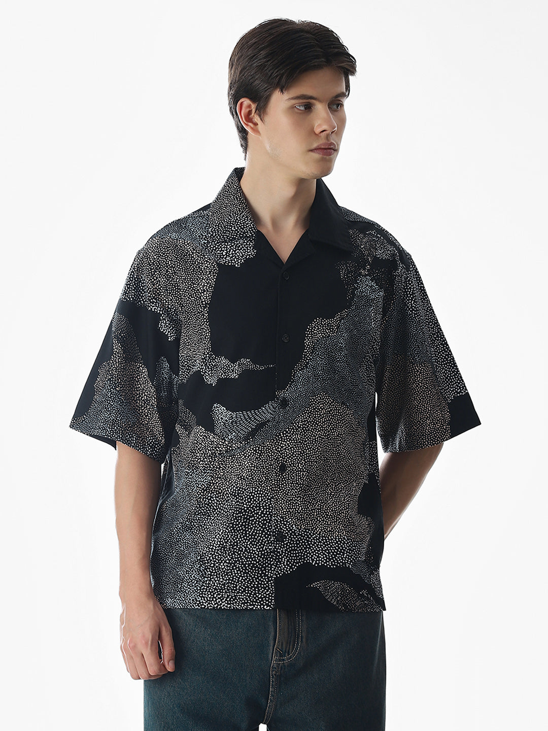 Black Printed Cotton Oversized Shirt