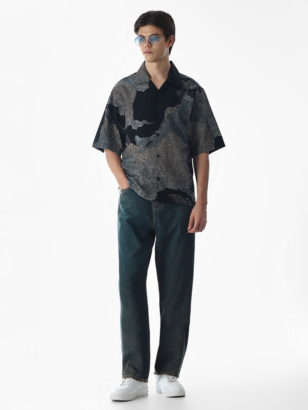 Black Printed Cotton Oversized Shirt
