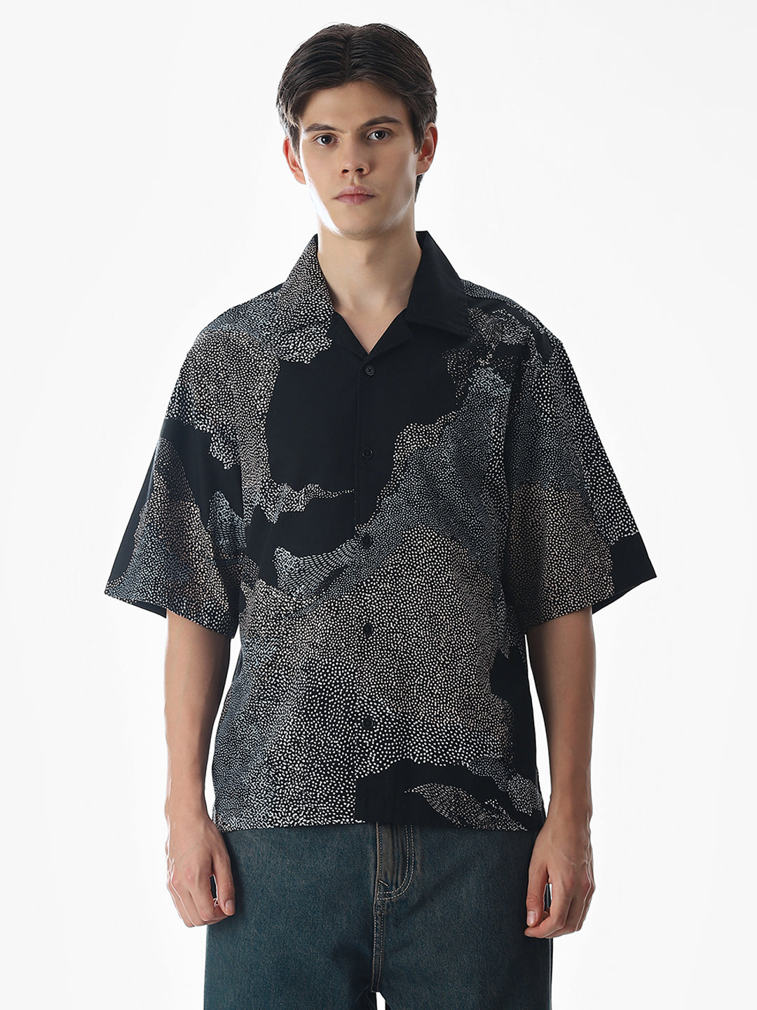 Black Printed Cotton Oversized Shirt