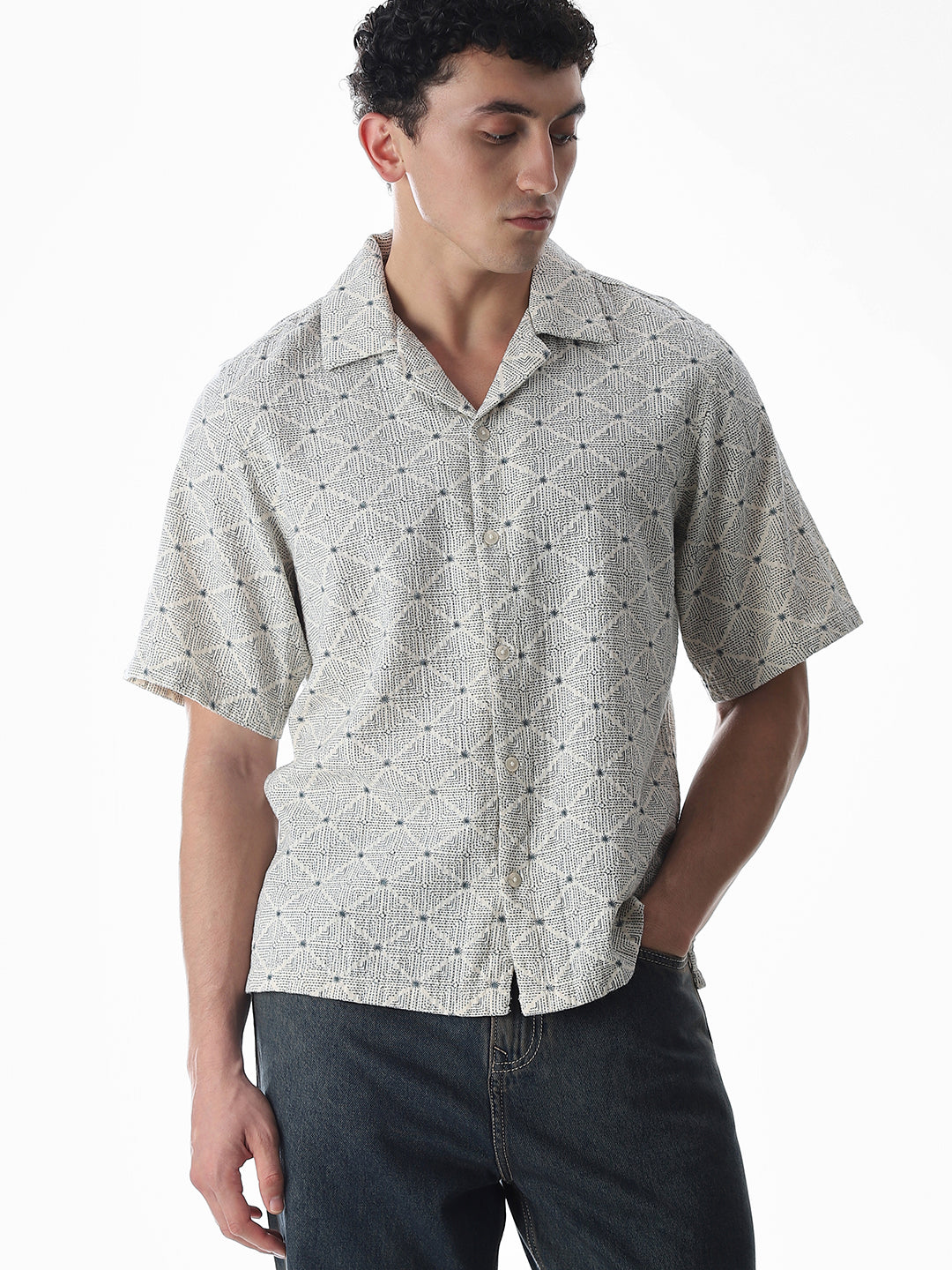 Beige Resort Collar Oversized Shirt