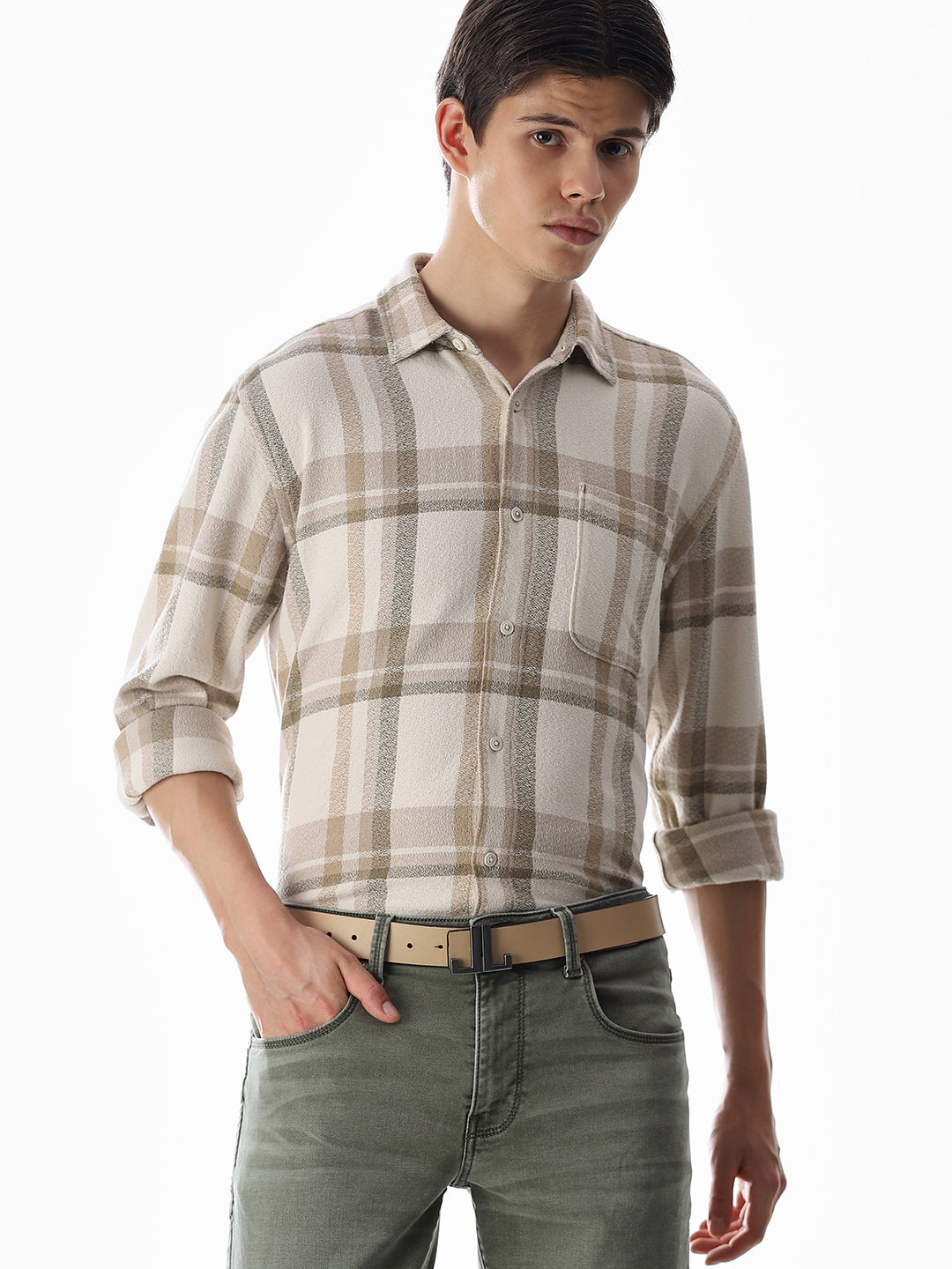Beige Check Cotton Shirt