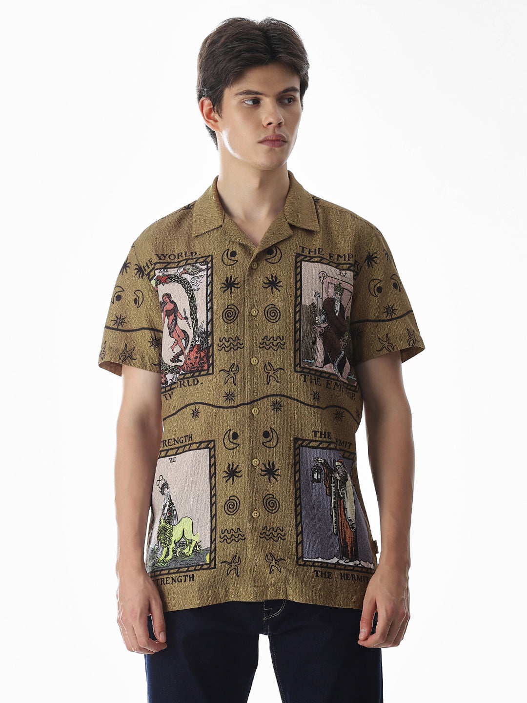 Dull Yellow Graphic Print Comfort Fit Shirt