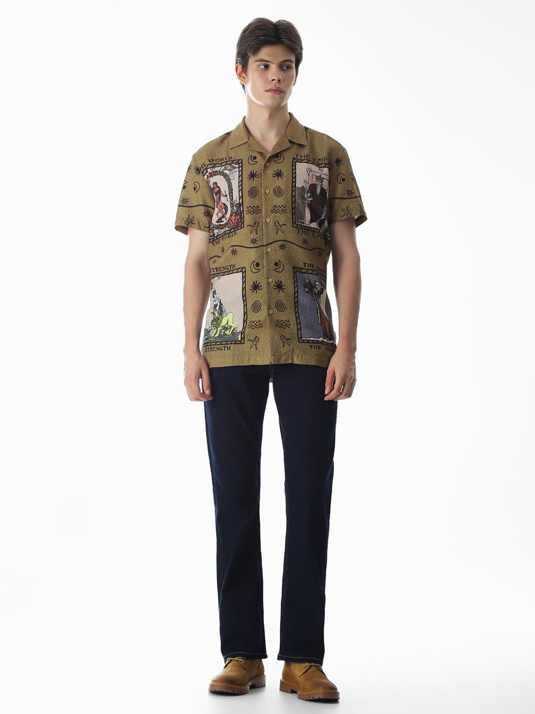 Dull Yellow Graphic Print Comfort Fit Shirt