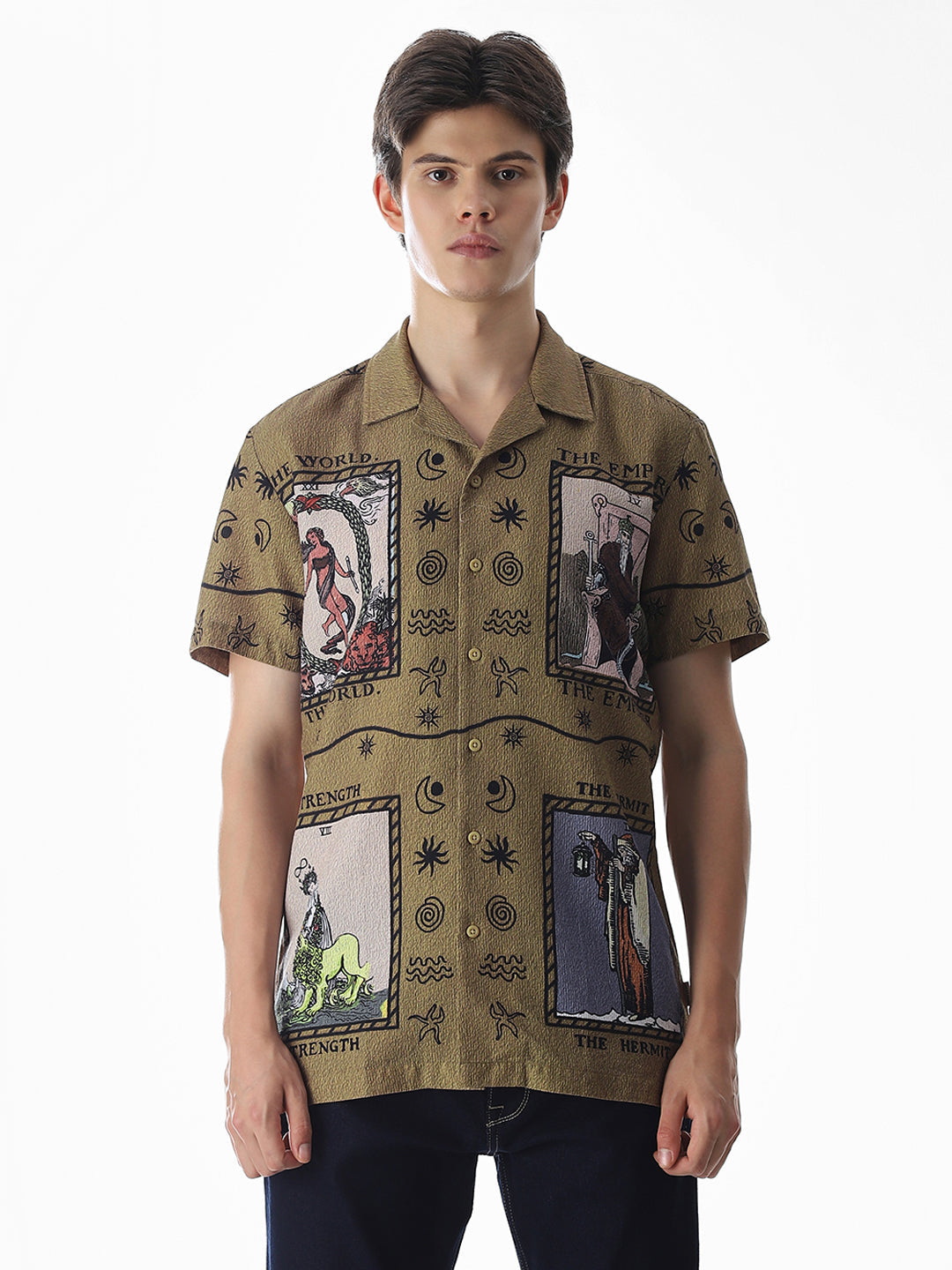 Dull Yellow Graphic Print Comfort Fit Shirt