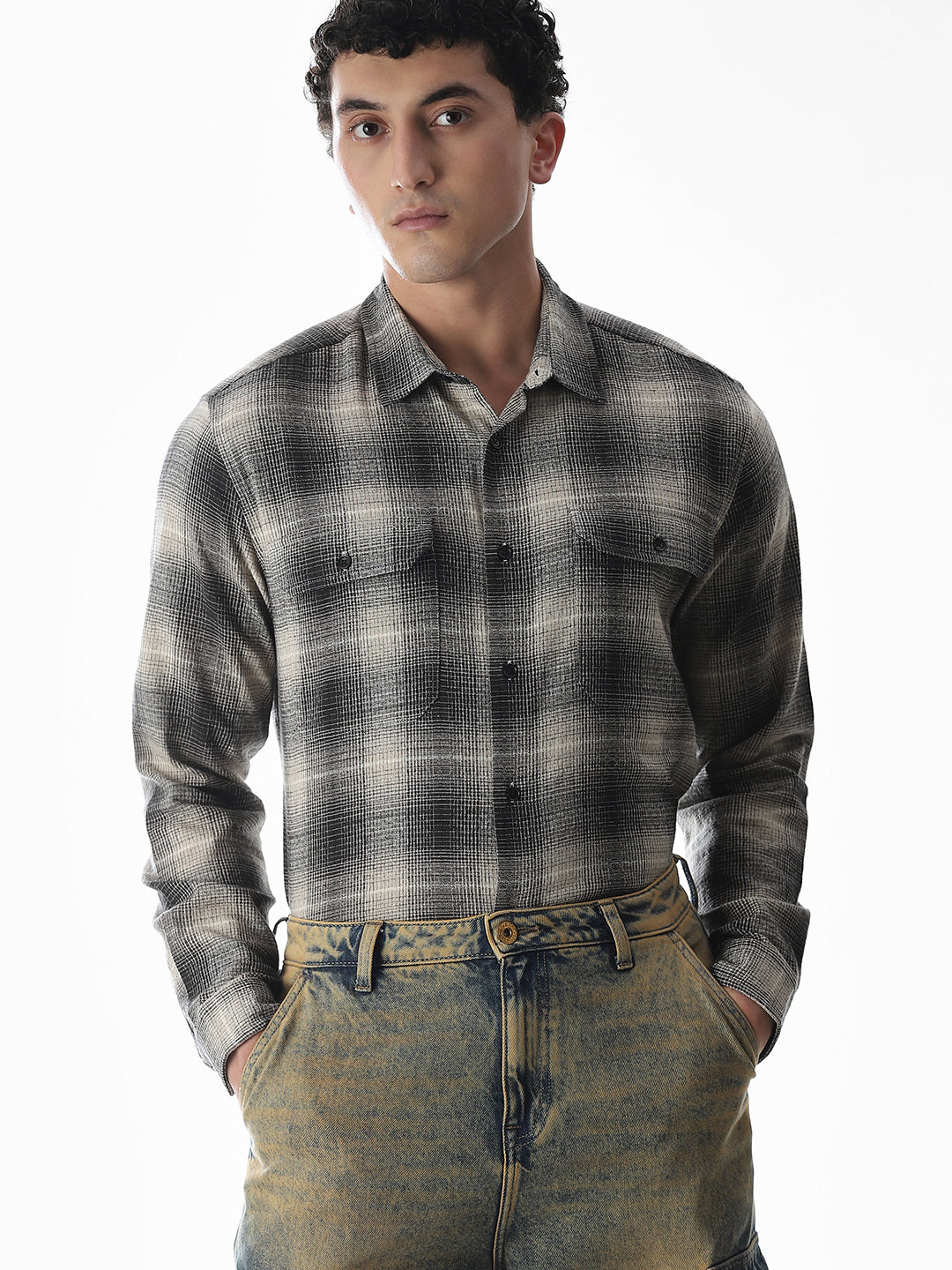Mens Black Tone on Tone Check Pattern Dress Shirt