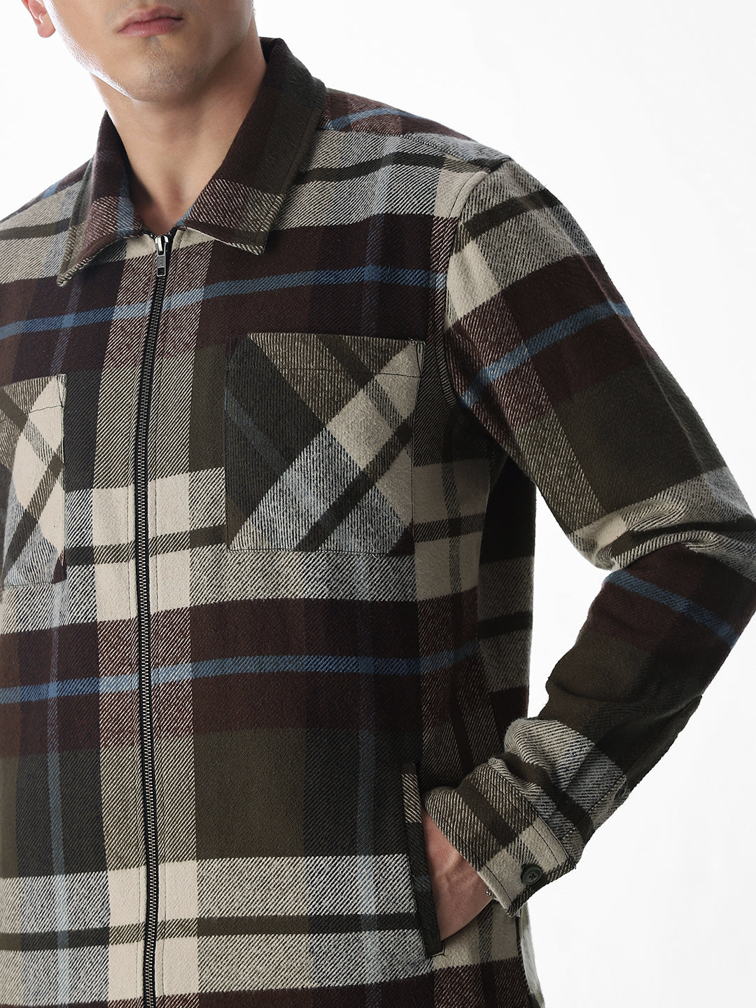 Check Zip-Up Oversized Shirt