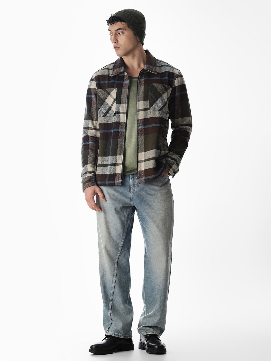 Check Zip-Up Oversized Shirt