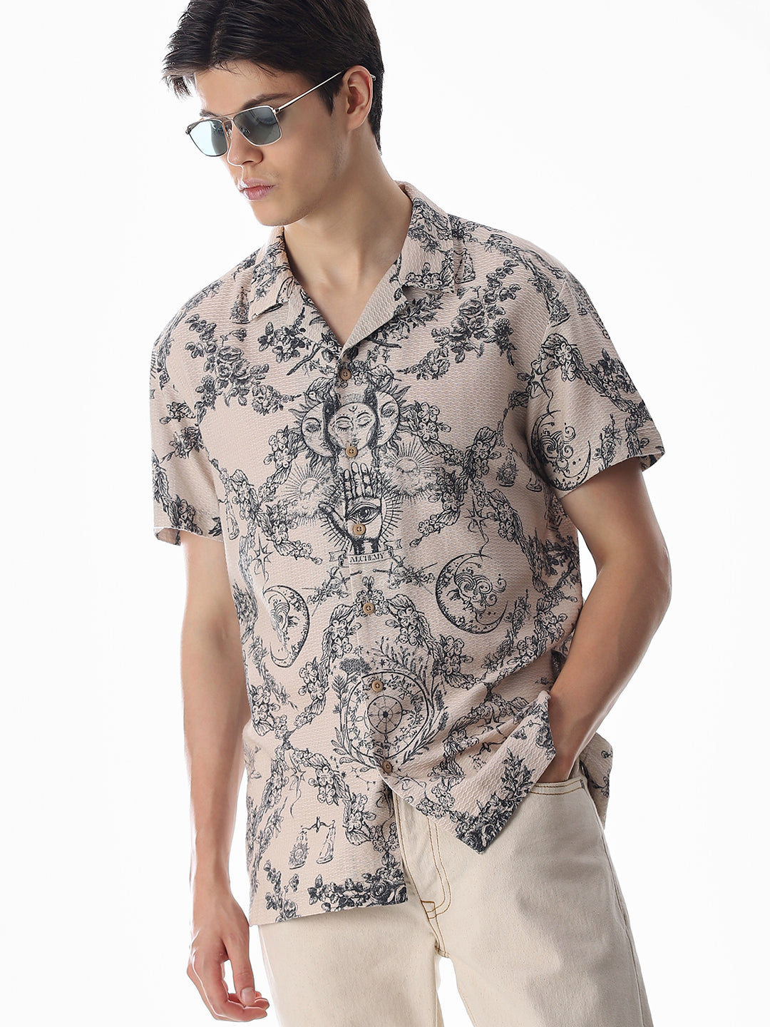 Beige Printed Comfort Fit Shirt