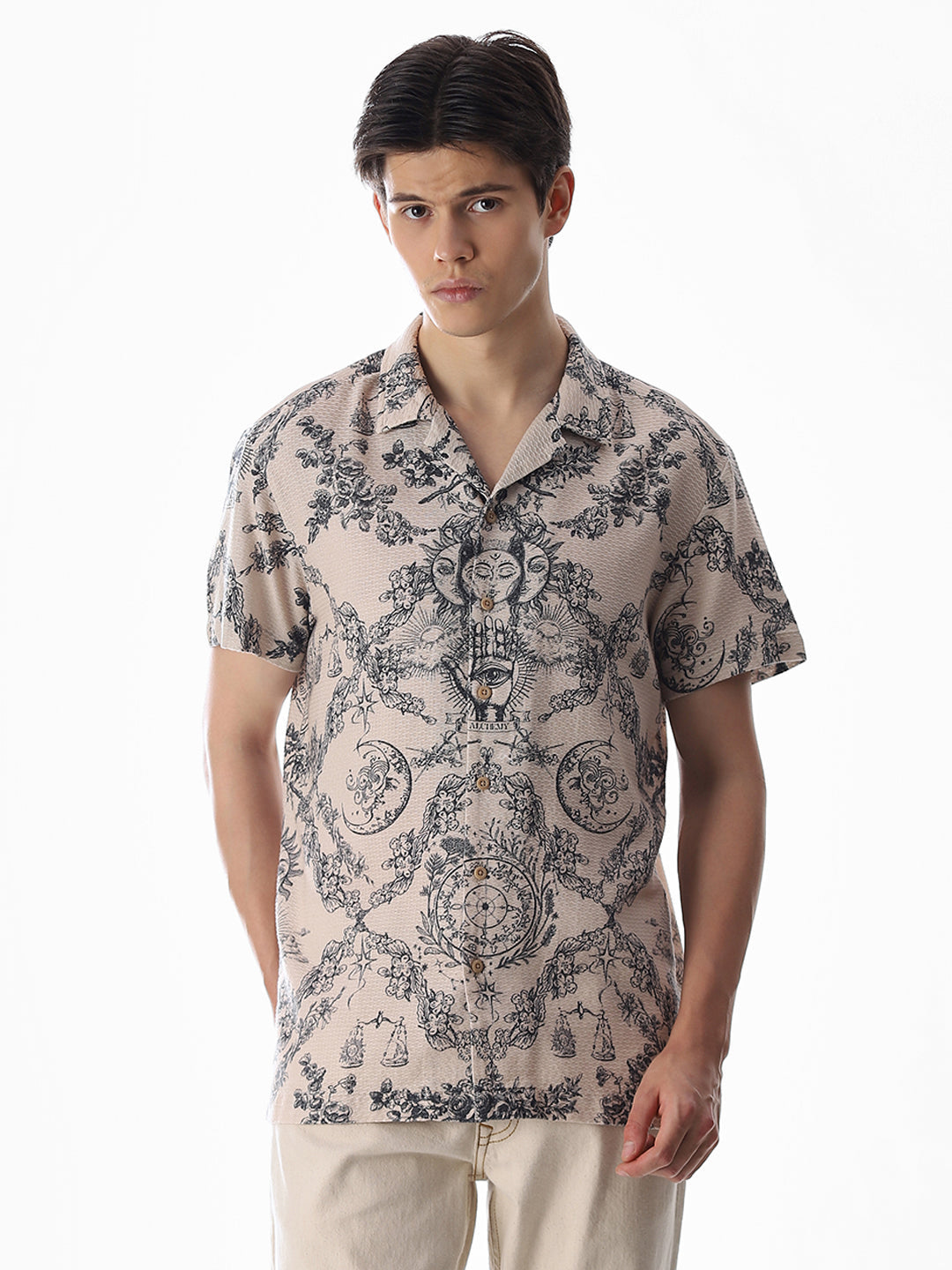 Beige Printed Comfort Fit Shirt