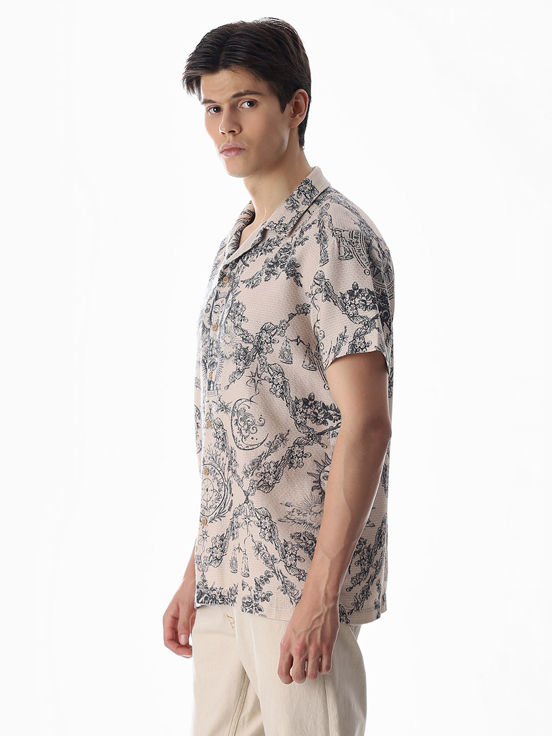 Beige Printed Comfort Fit Shirt