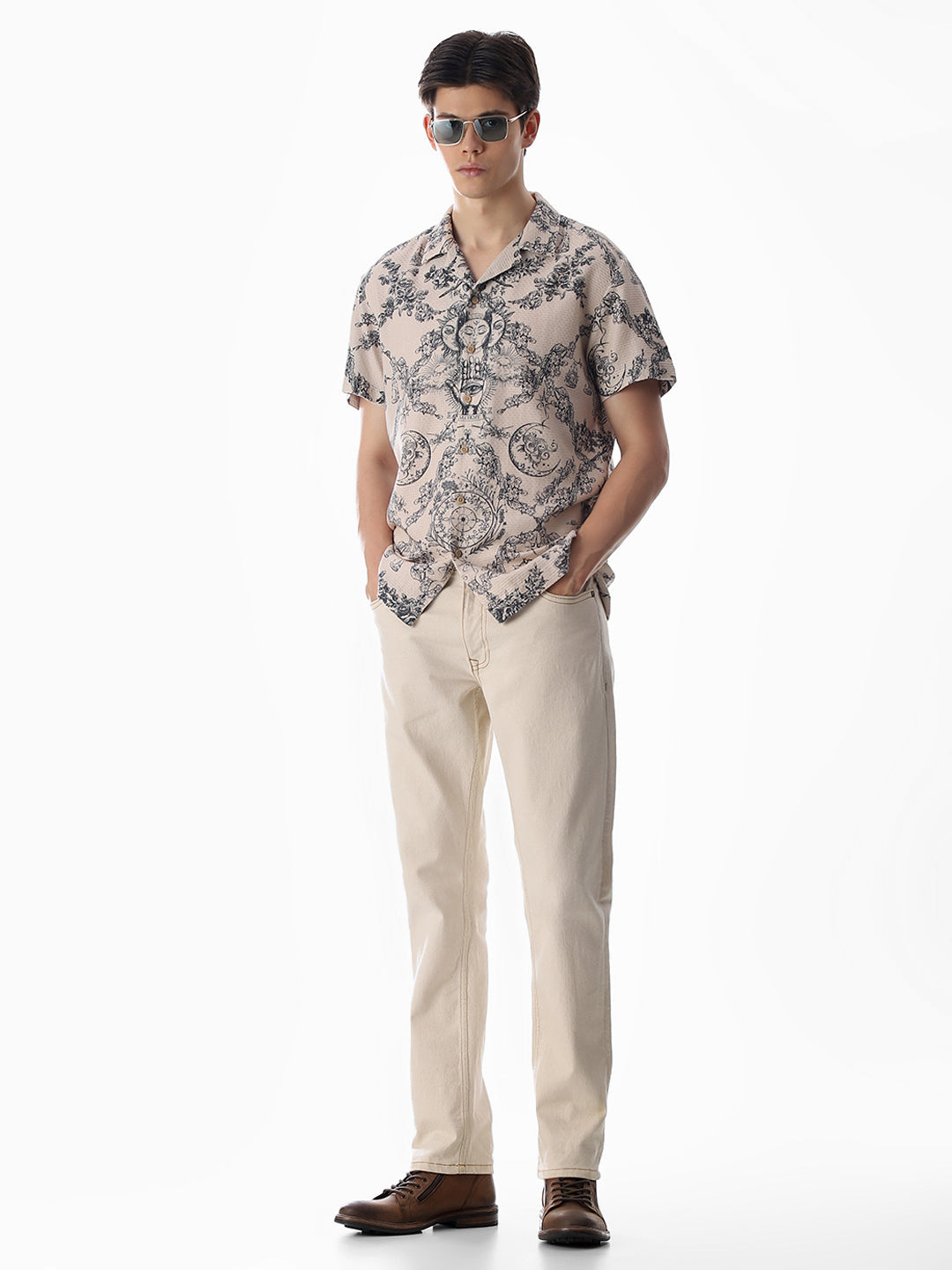Beige Printed Comfort Fit Shirt