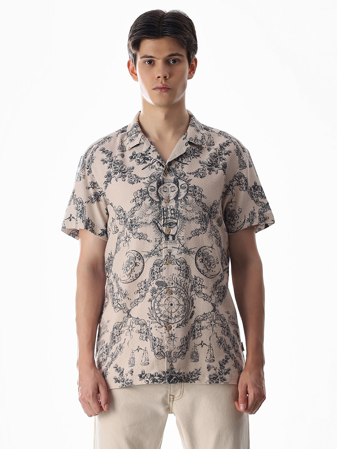 Beige Printed Comfort Fit Shirt