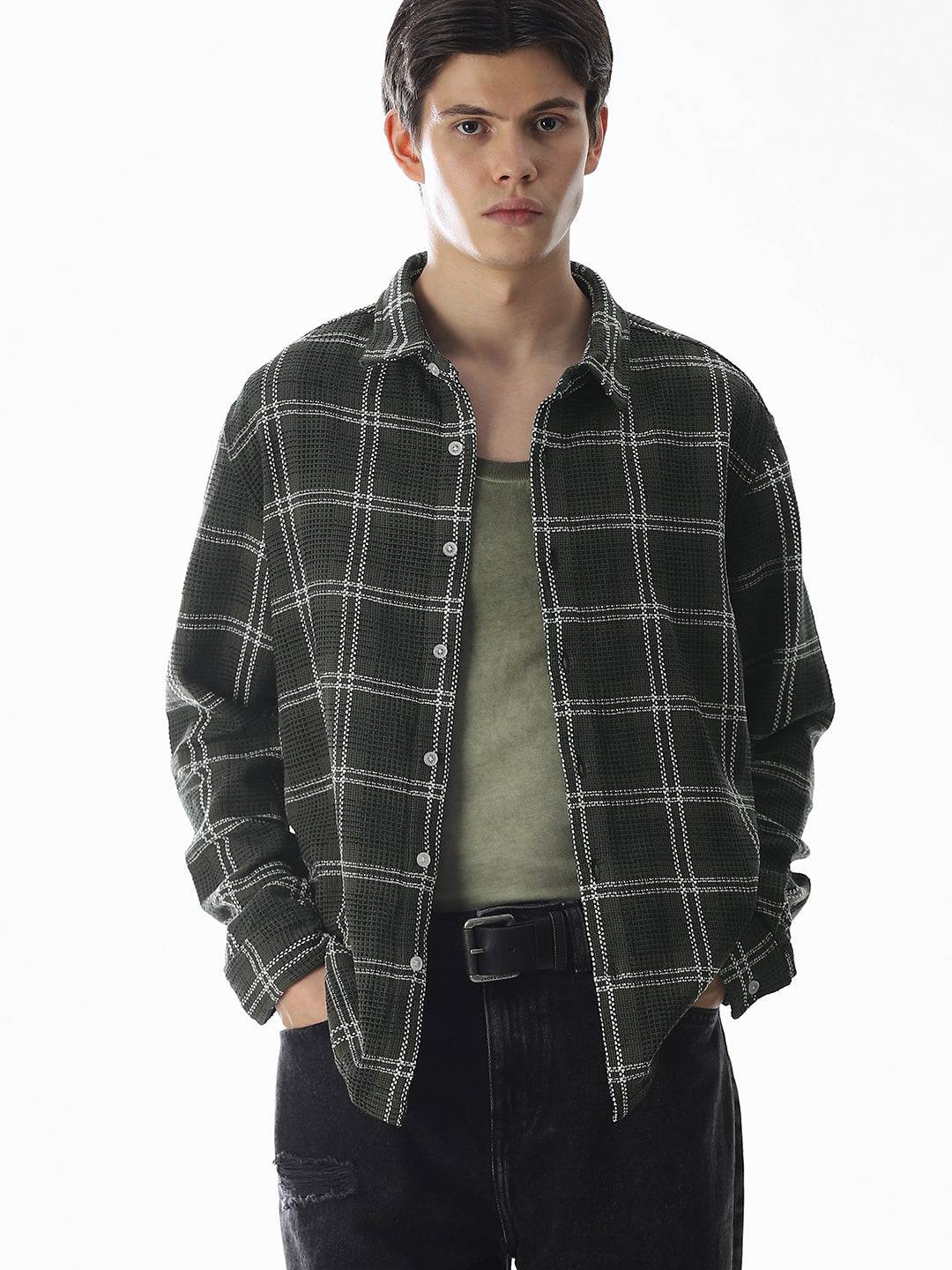Dark Green Check Cotton Overshirt