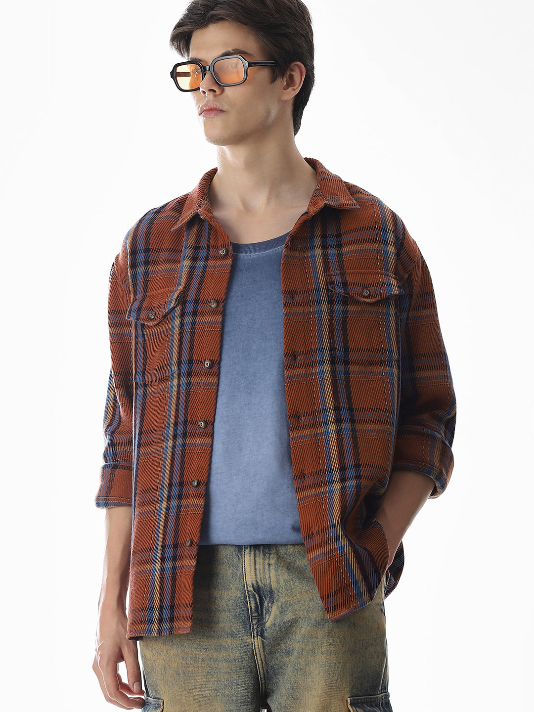 Dark Brown Check Print Overshirt