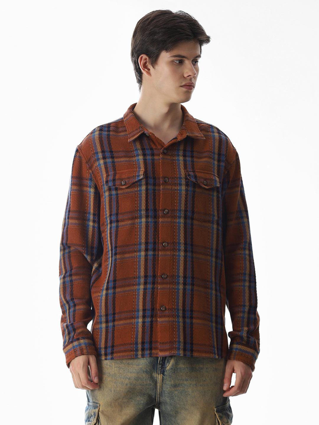 Dark Brown Check Print Overshirt