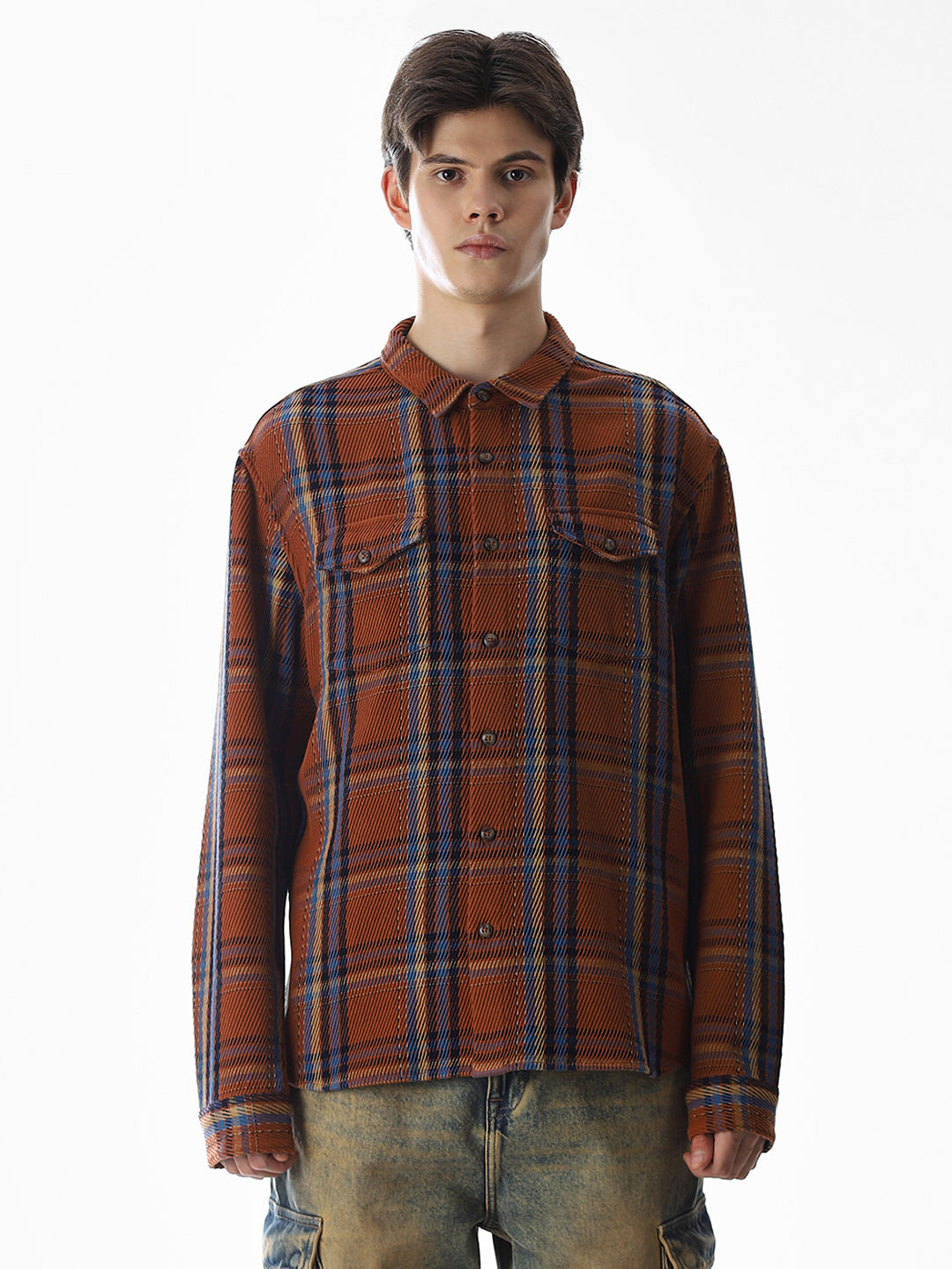 Dark Brown Check Print Overshirt