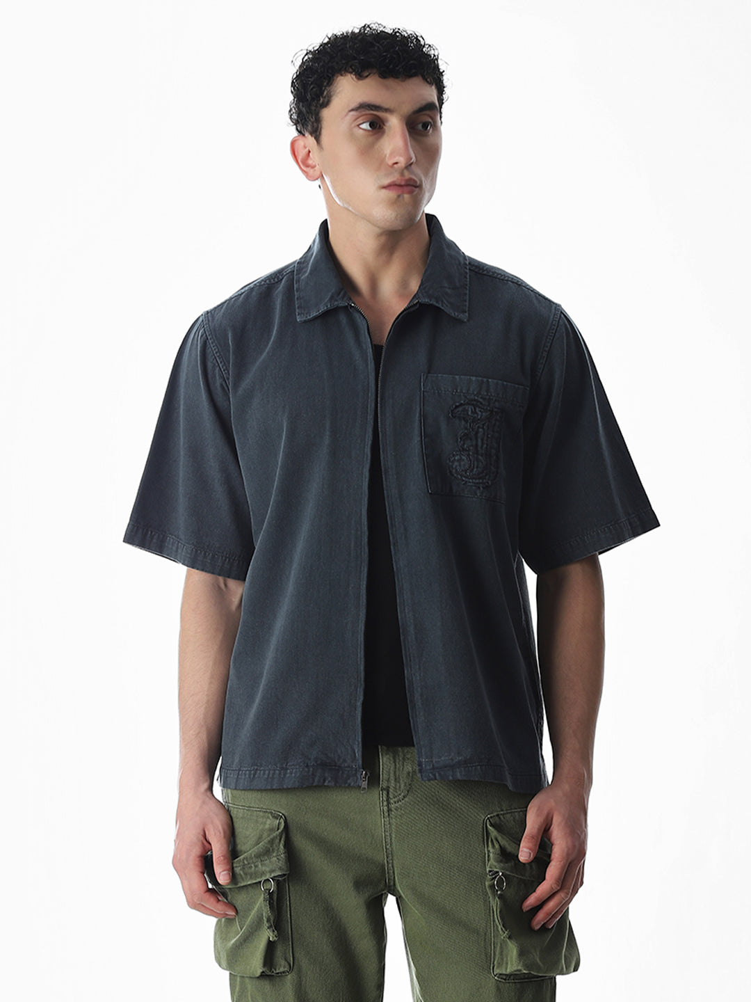 Embroidered Logo Zip-Up Shirt