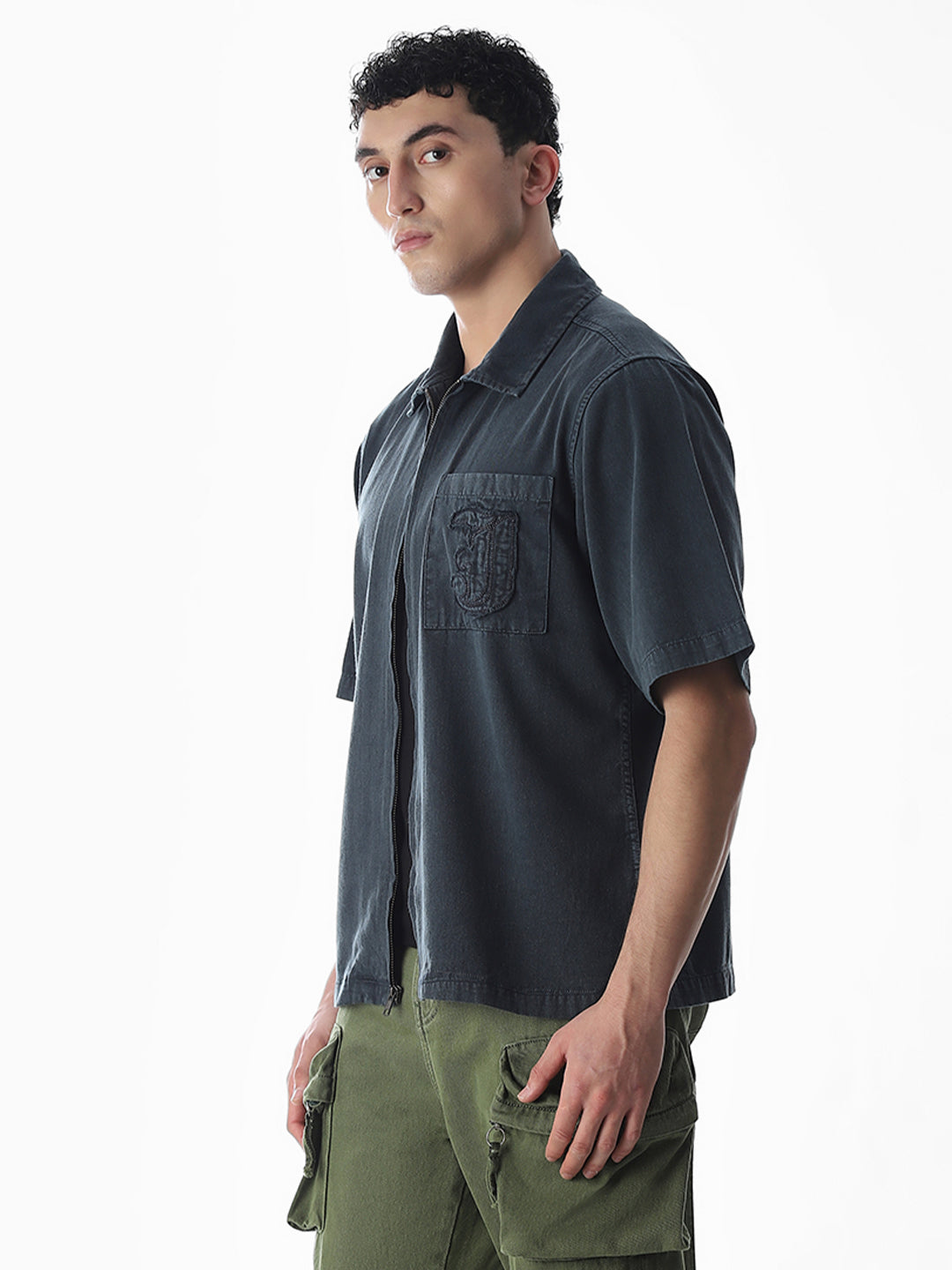 Embroidered Logo Zip-Up Shirt