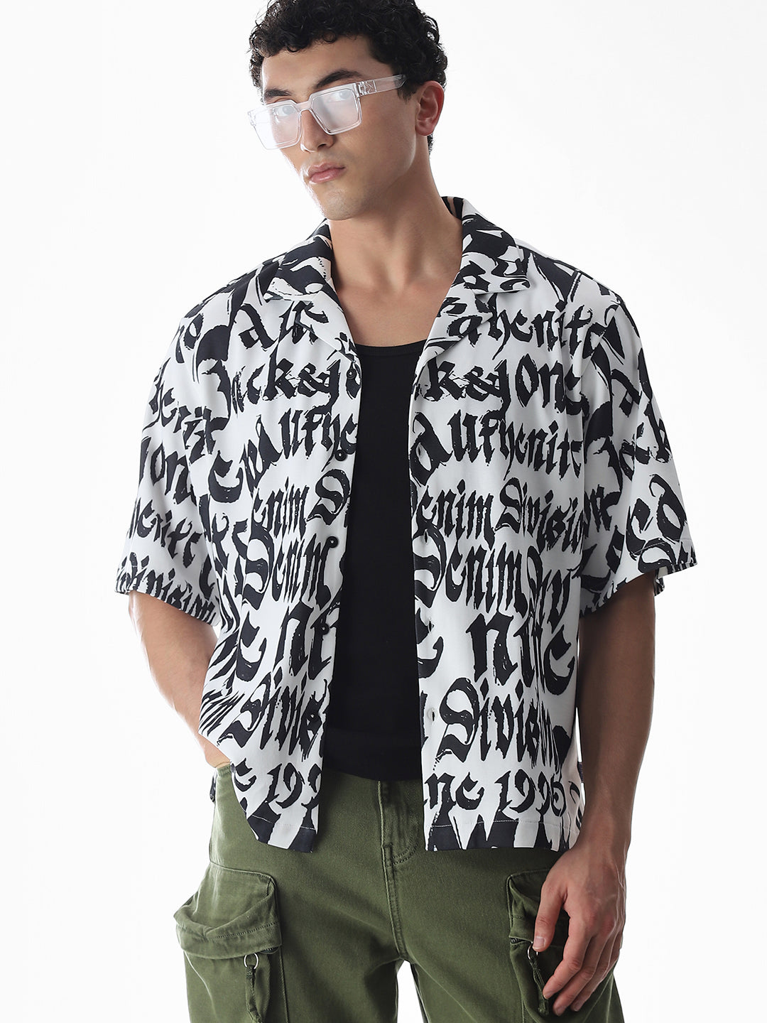 White Typographic Print Knitted Oversized Shirt