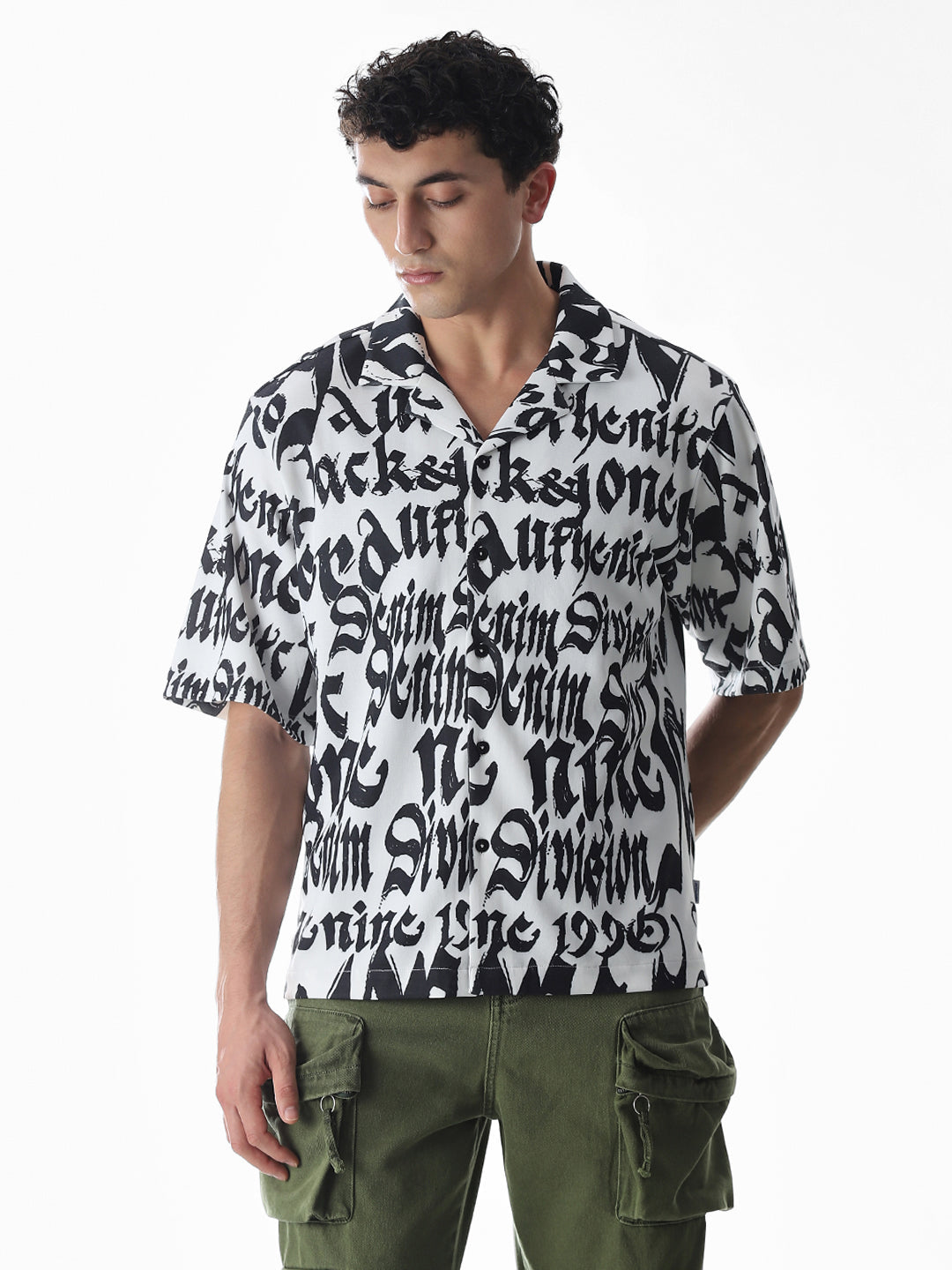 White Typographic Print Knitted Oversized Shirt