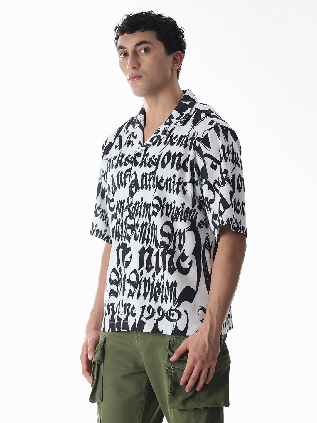 White Typographic Print Knitted Oversized Shirt