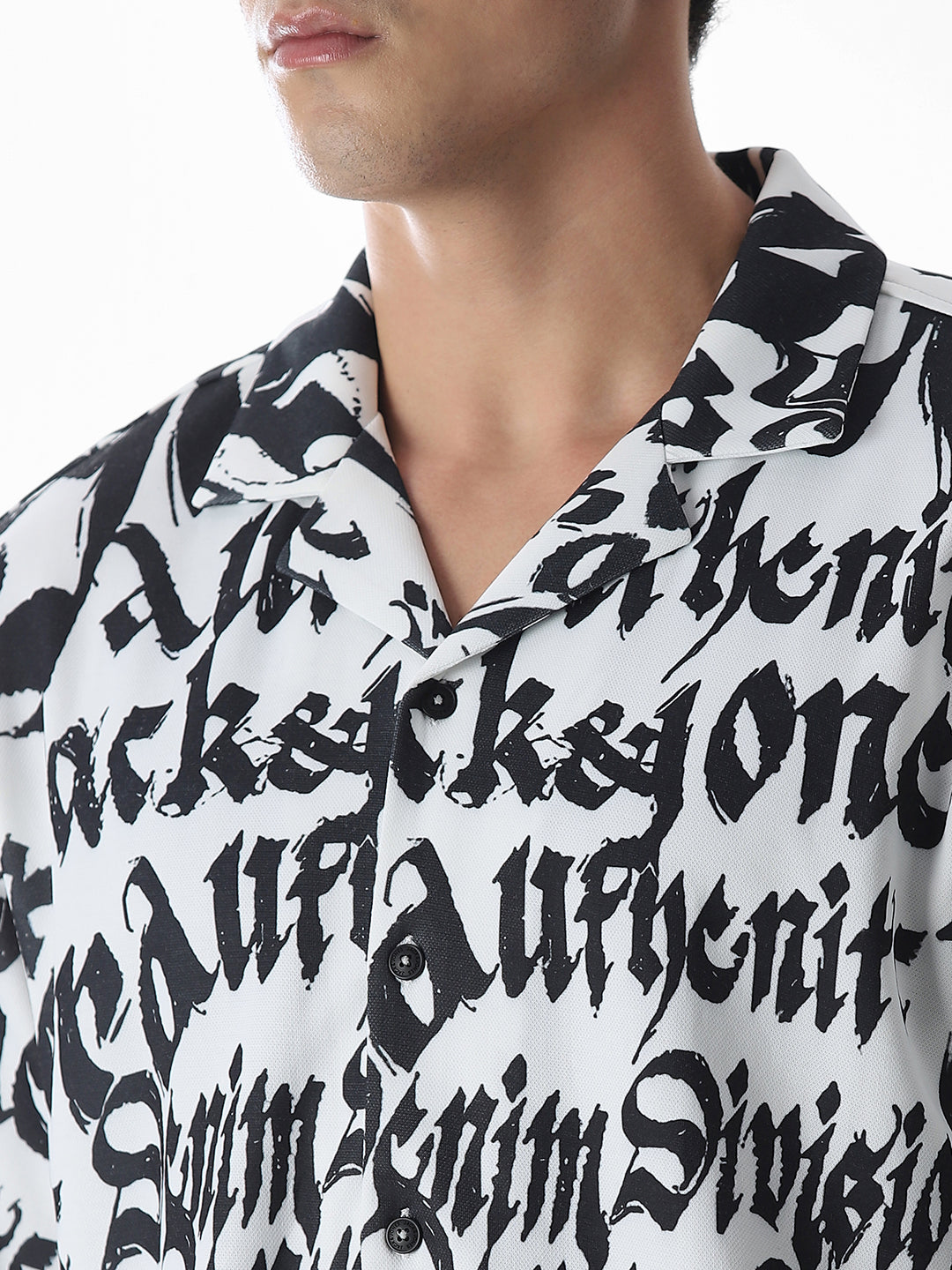 White Typographic Print Knitted Oversized Shirt