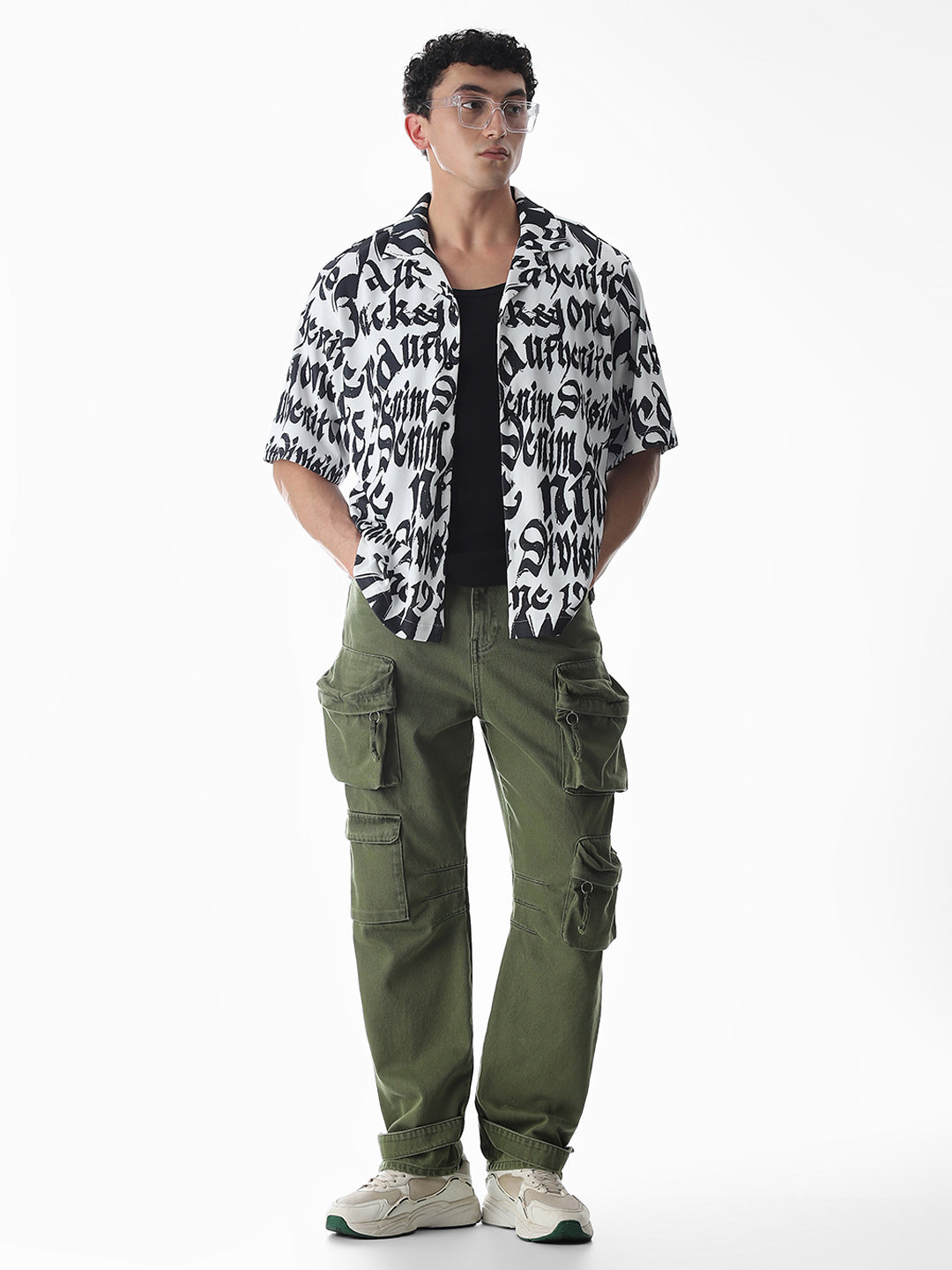 White Typographic Print Knitted Oversized Shirt