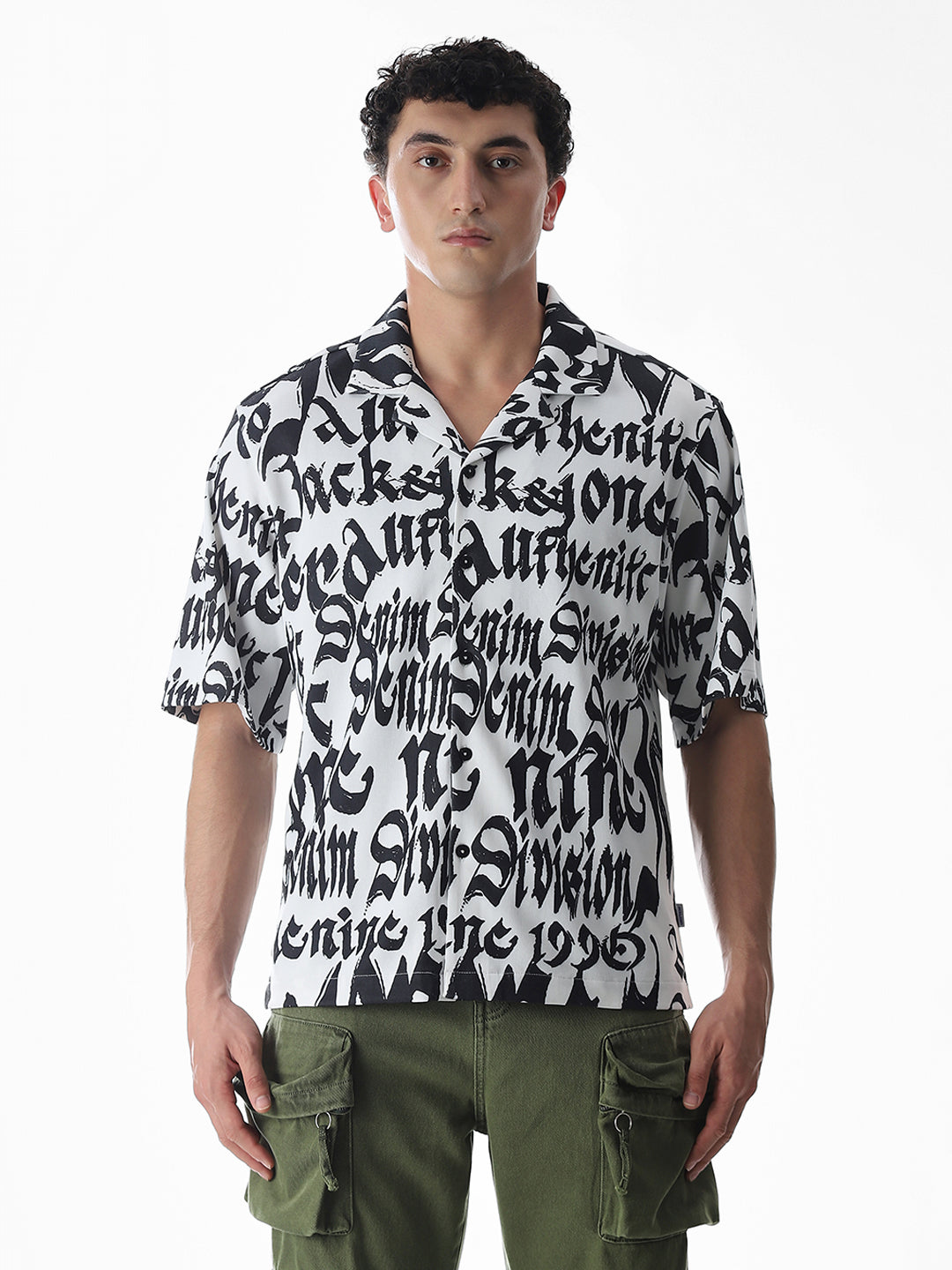 White Typographic Print Knitted Oversized Shirt