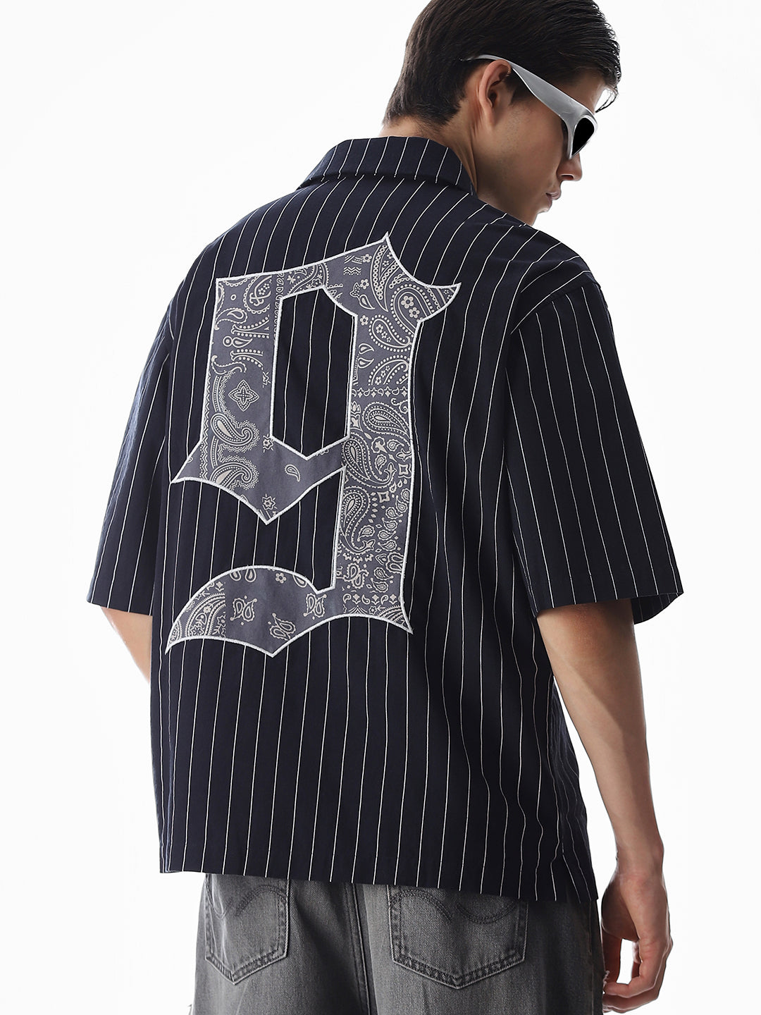 Dark Blue Embroidered Striped Oversized Shirt