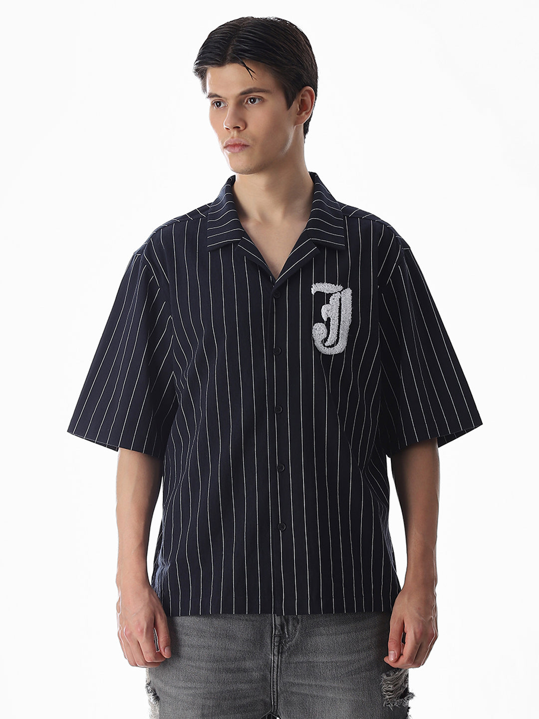 Dark Blue Embroidered Striped Oversized Shirt