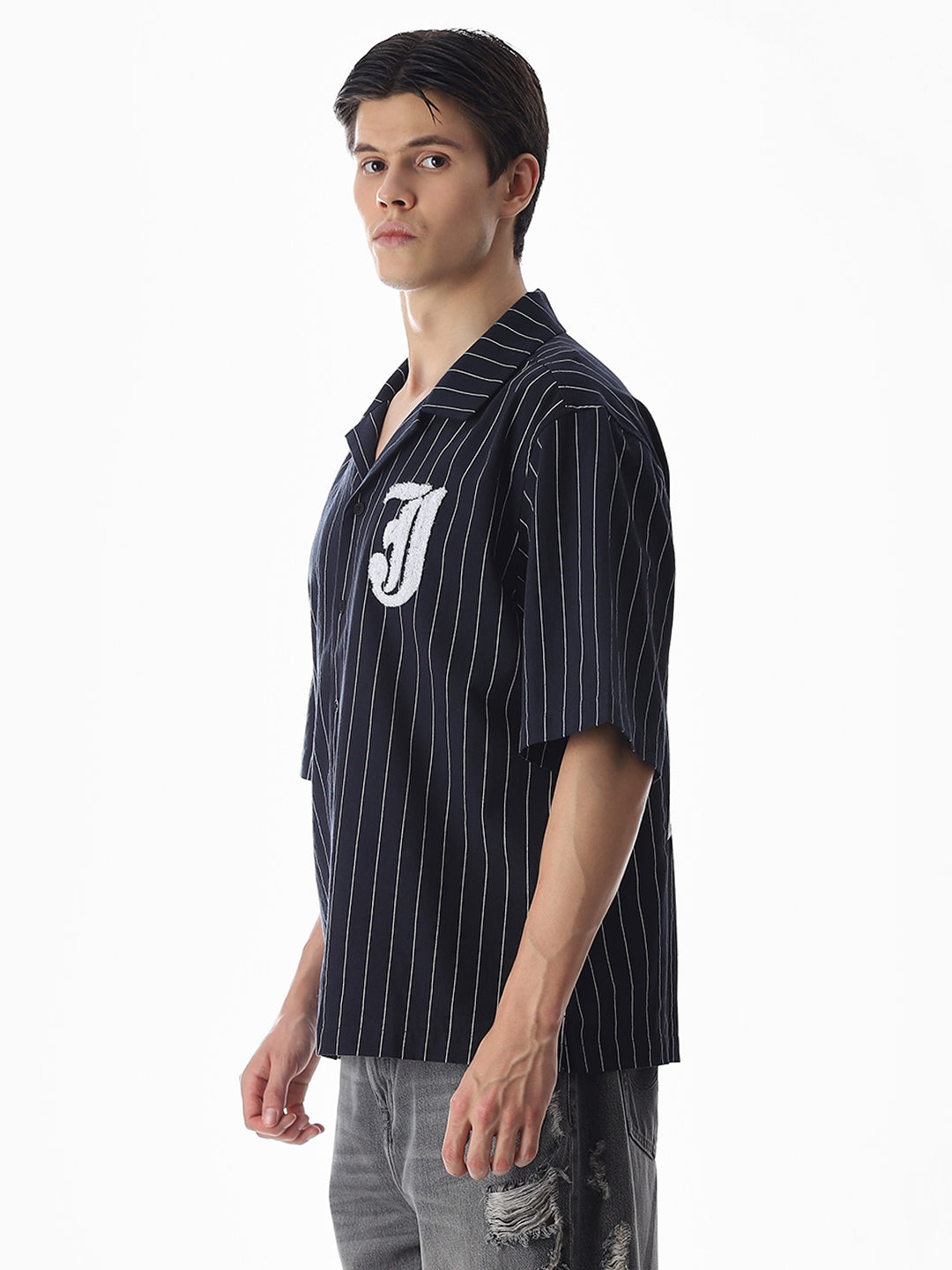 Dark Blue Embroidered Striped Oversized Shirt