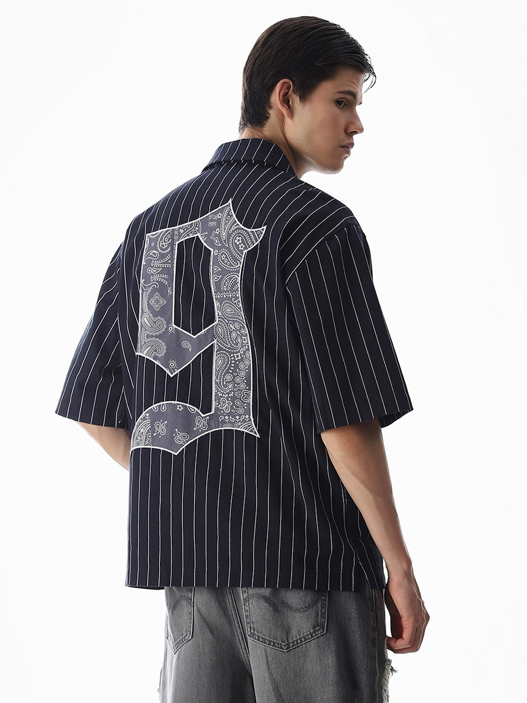 Dark Blue Embroidered Striped Oversized Shirt