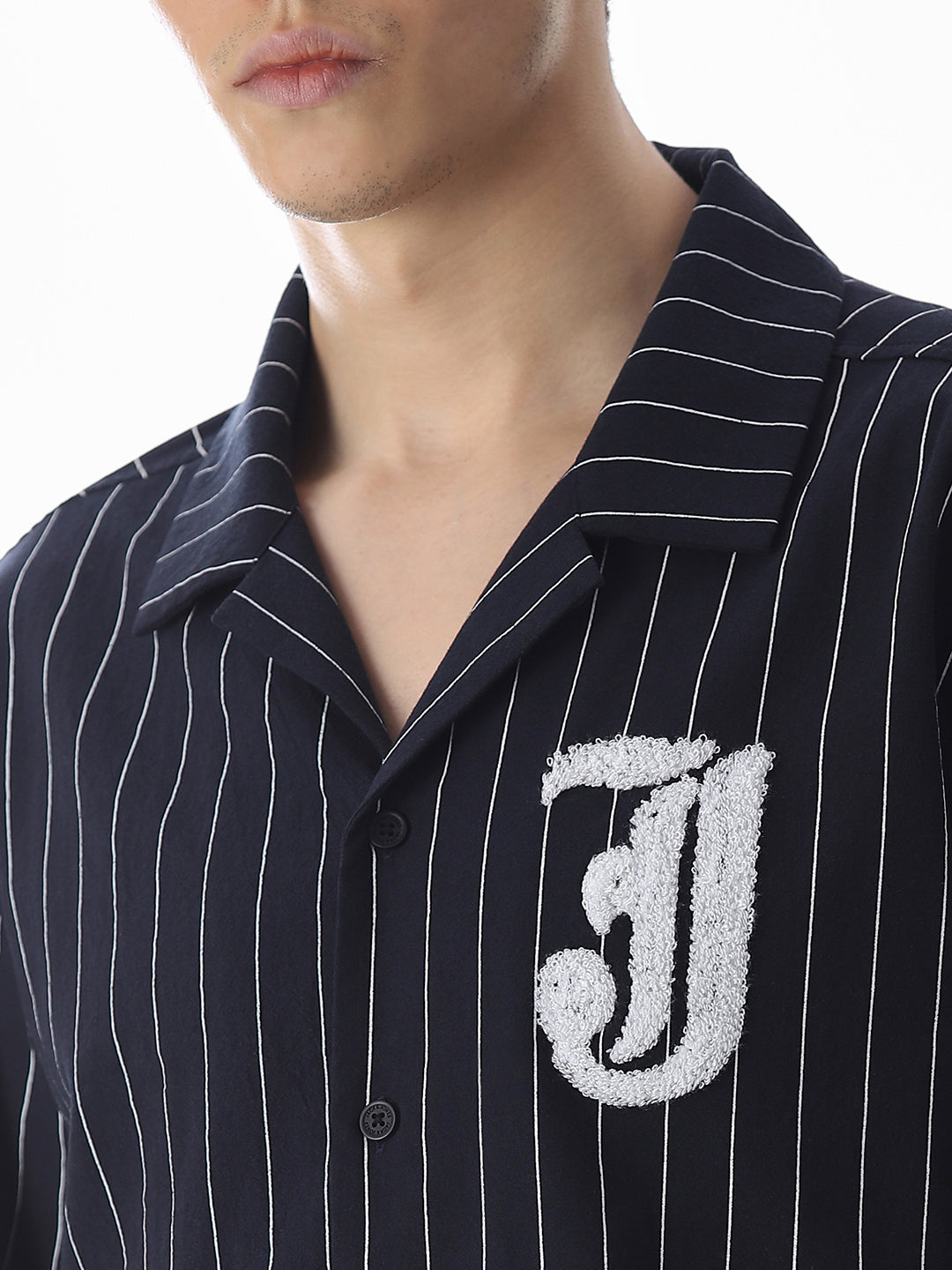 Dark Blue Embroidered Striped Oversized Shirt