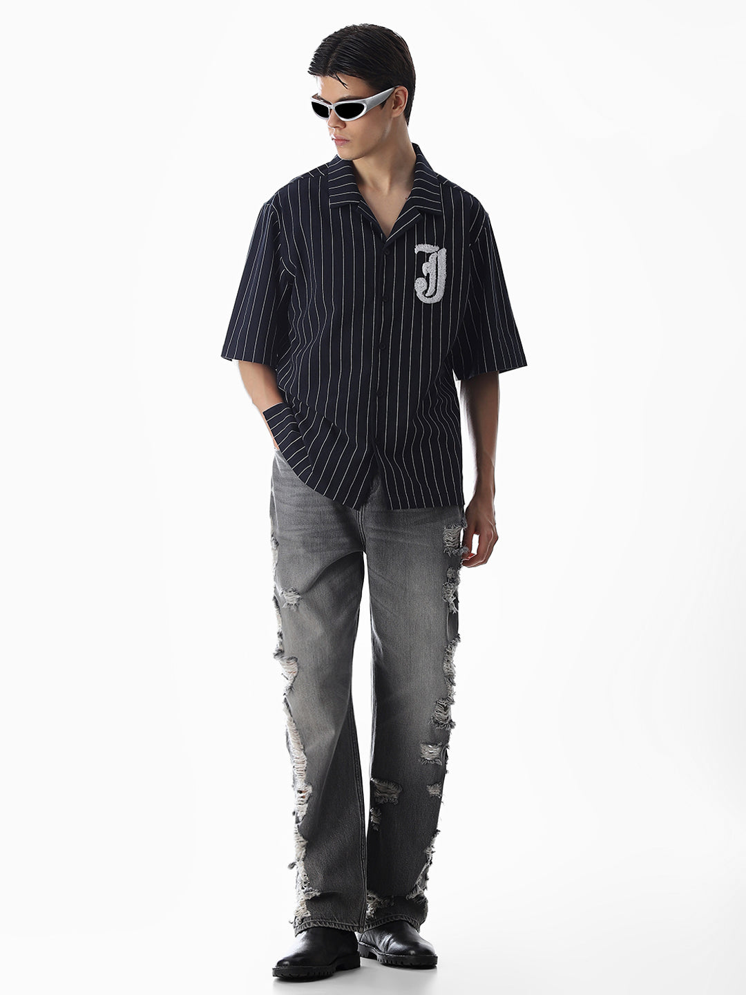 Dark Blue Embroidered Striped Oversized Shirt