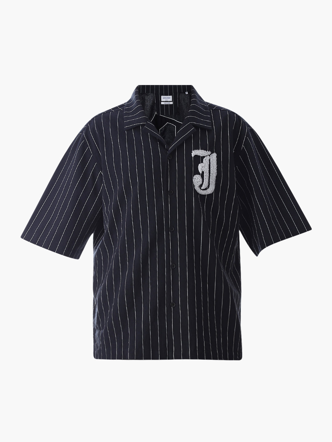 Dark Blue Embroidered Striped Oversized Shirt