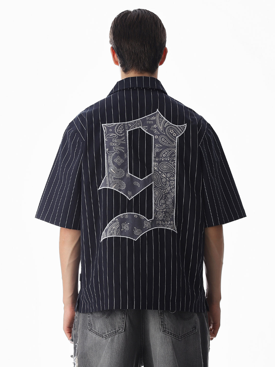 Dark Blue Embroidered Striped Oversized Shirt