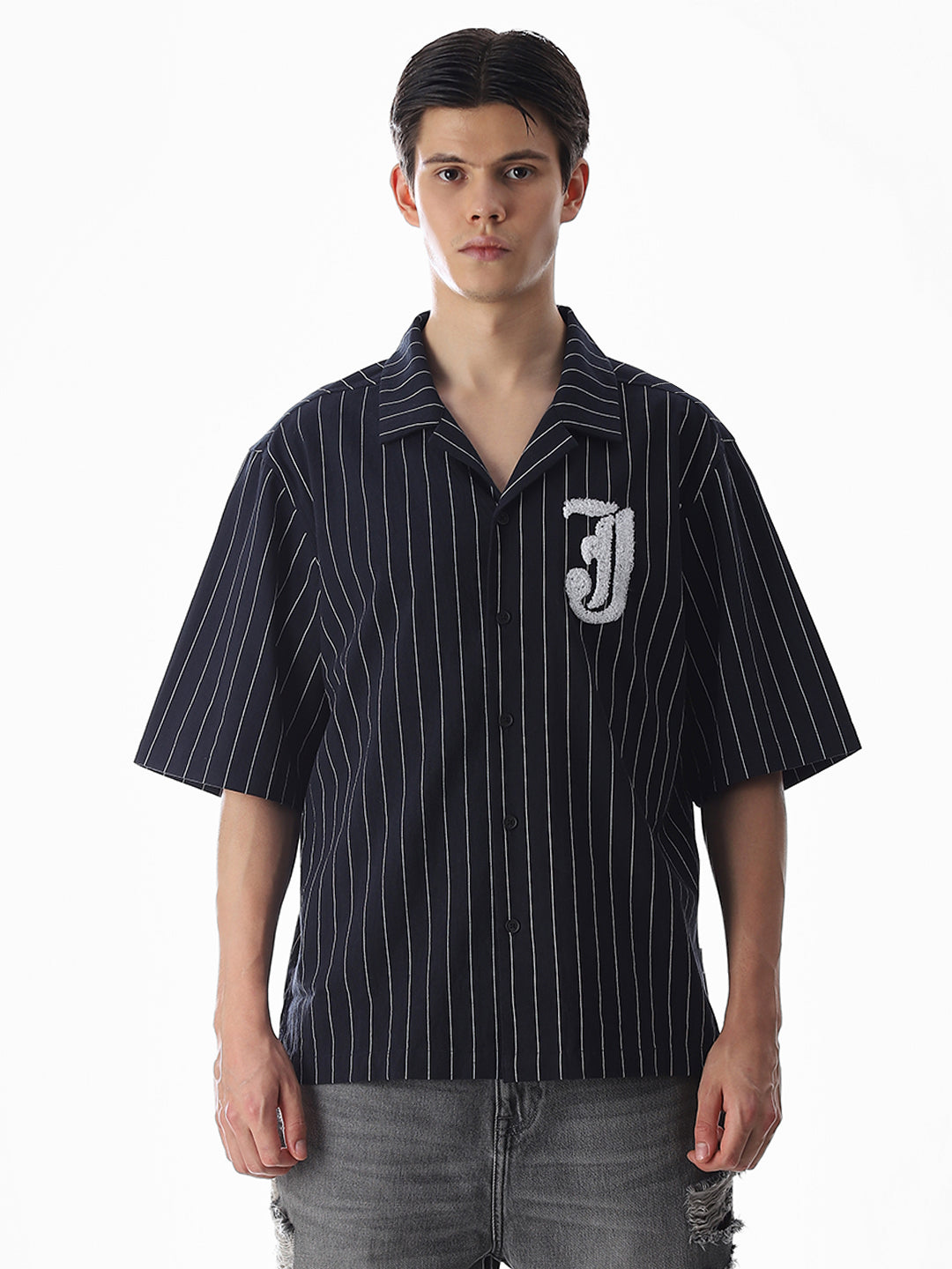 Dark Blue Embroidered Striped Oversized Shirt