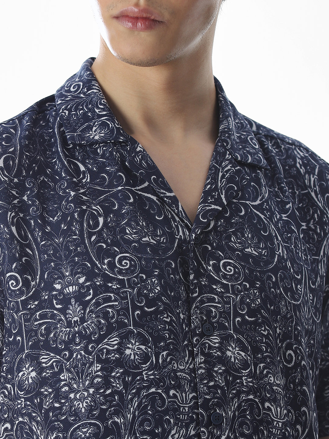 Blue Printed Viscose Comfort Fit Shirt