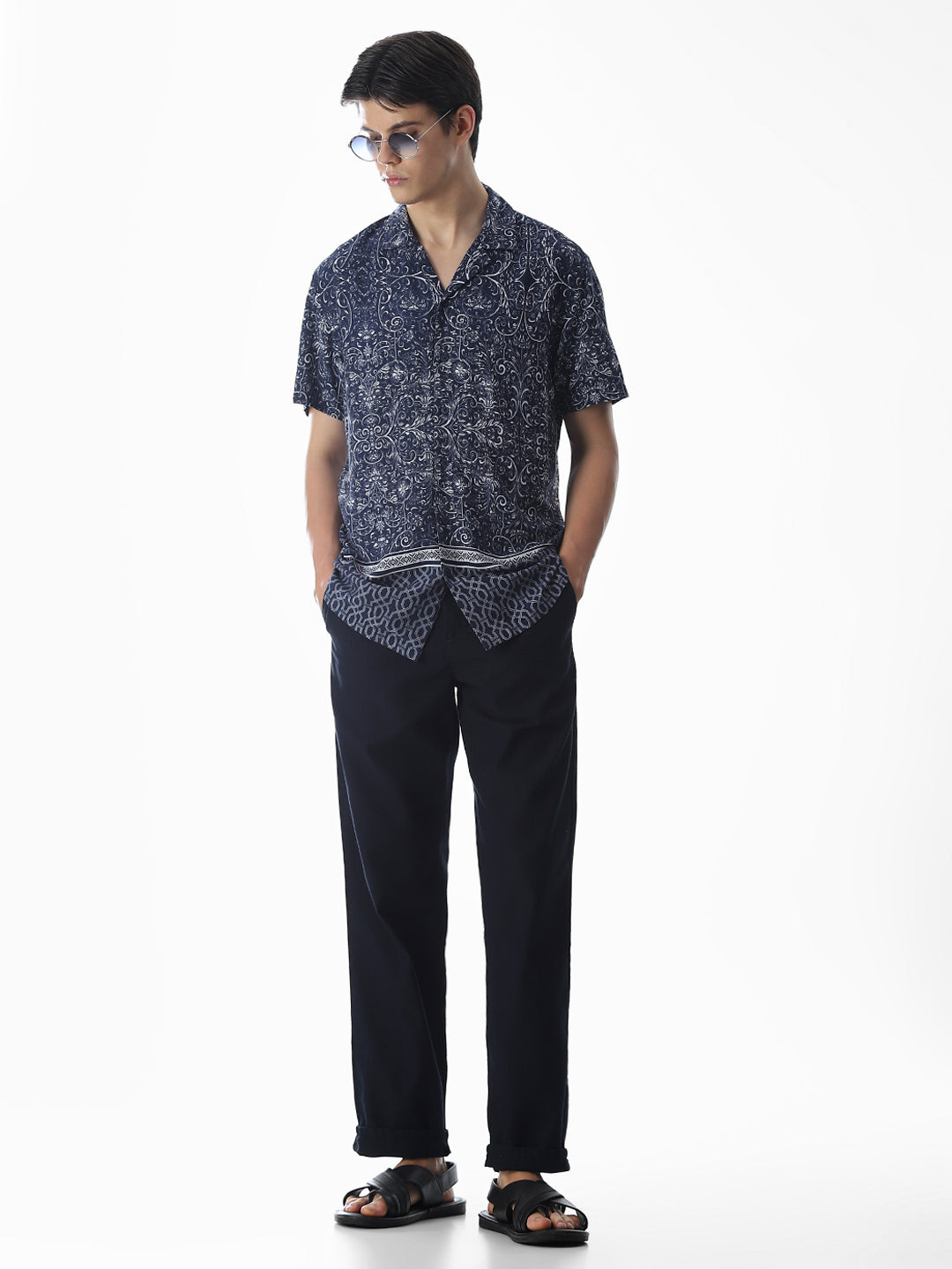 Blue Printed Viscose Comfort Fit Shirt