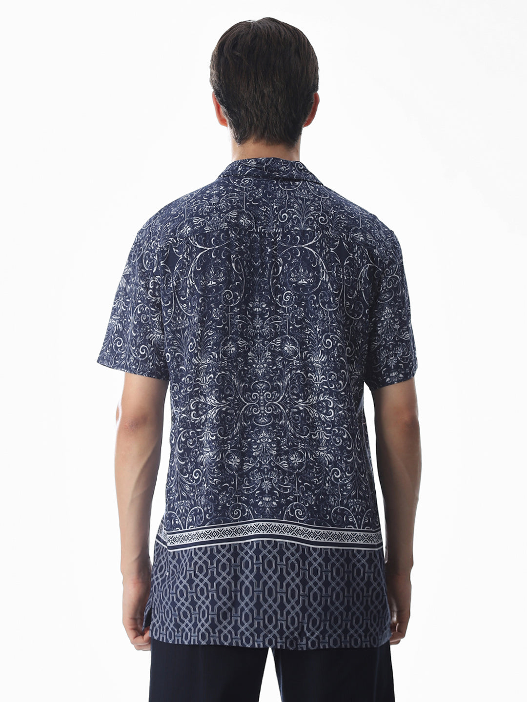 Blue Printed Viscose Comfort Fit Shirt