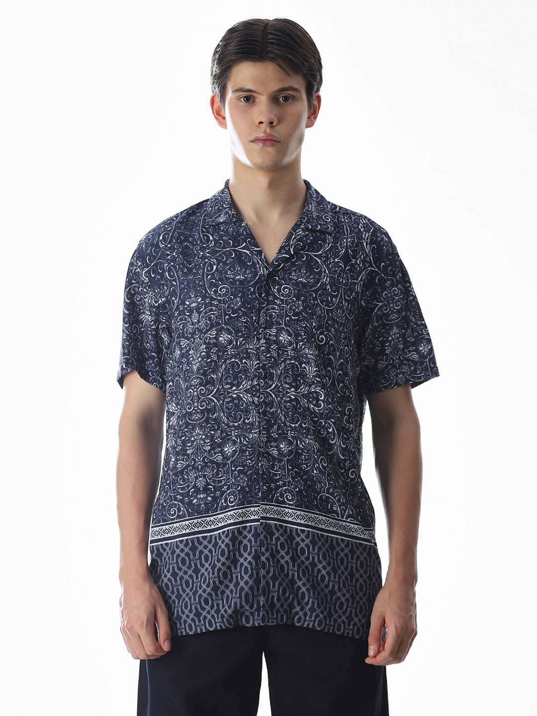 Blue Printed Viscose Comfort Fit Shirt