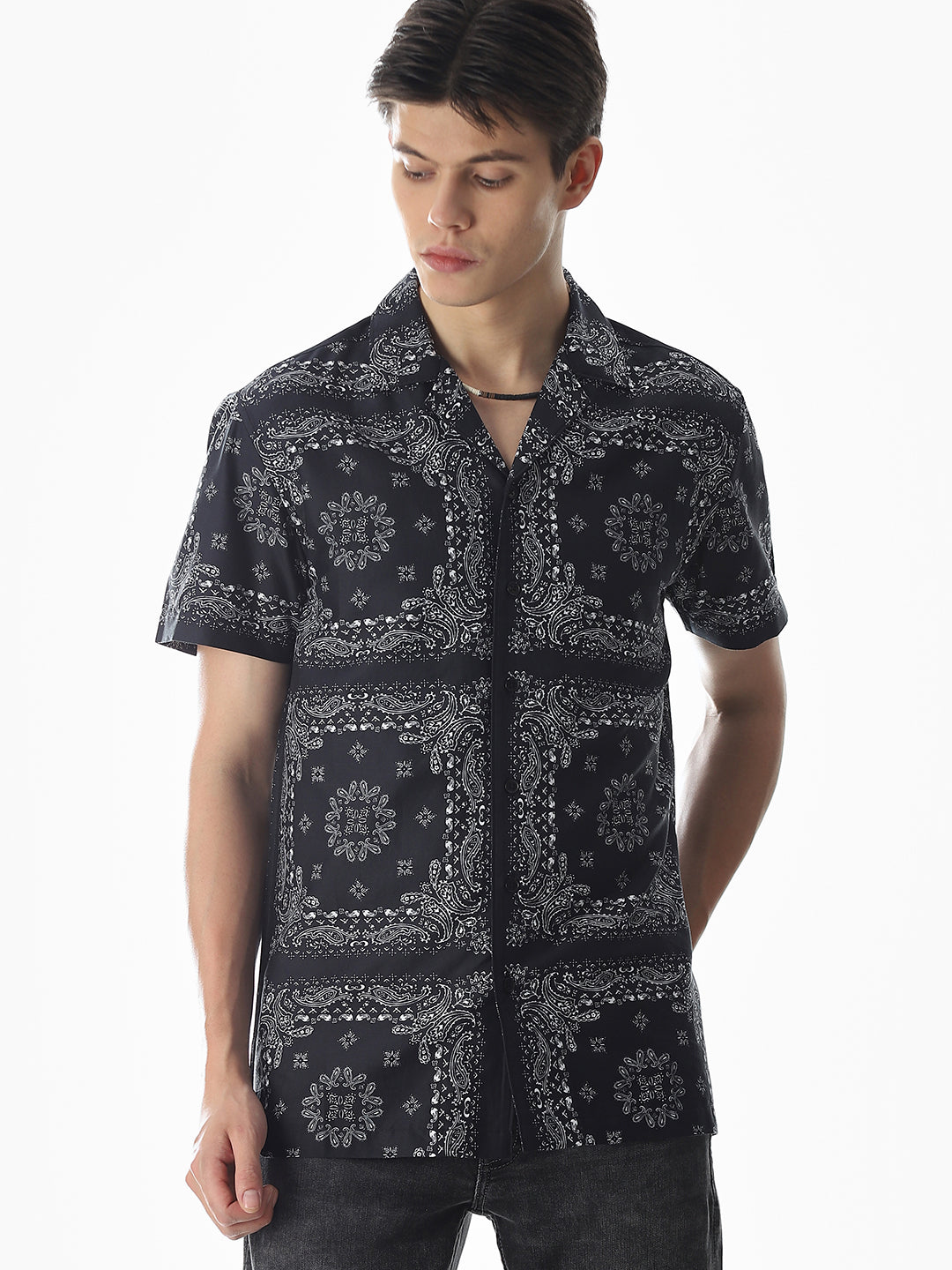 Black Bandana Print Cotton Shirt