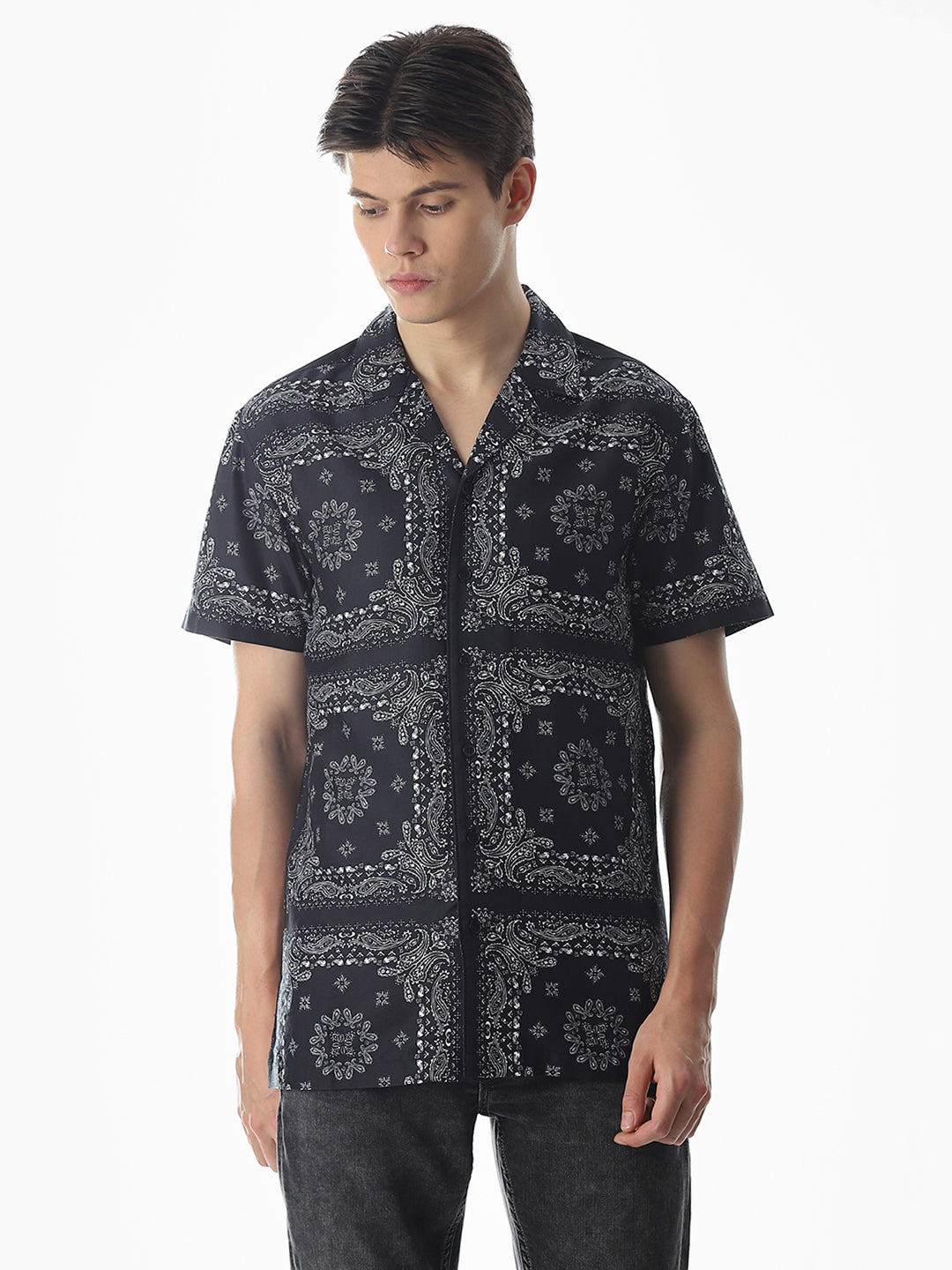 Black Bandana Print Cotton Shirt
