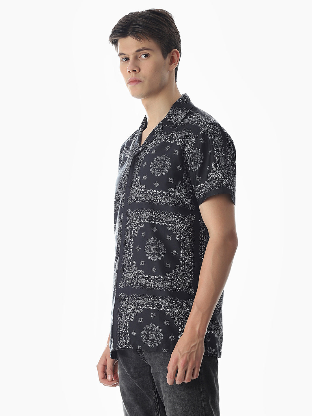 Black Bandana Print Cotton Shirt