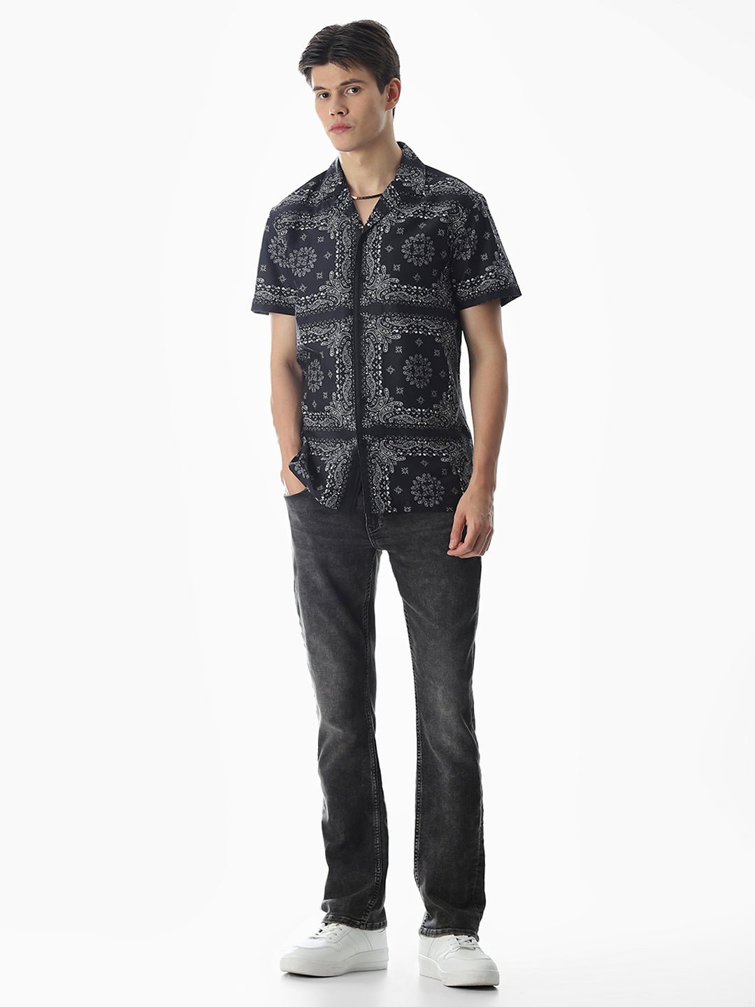 Black Bandana Print Cotton Shirt