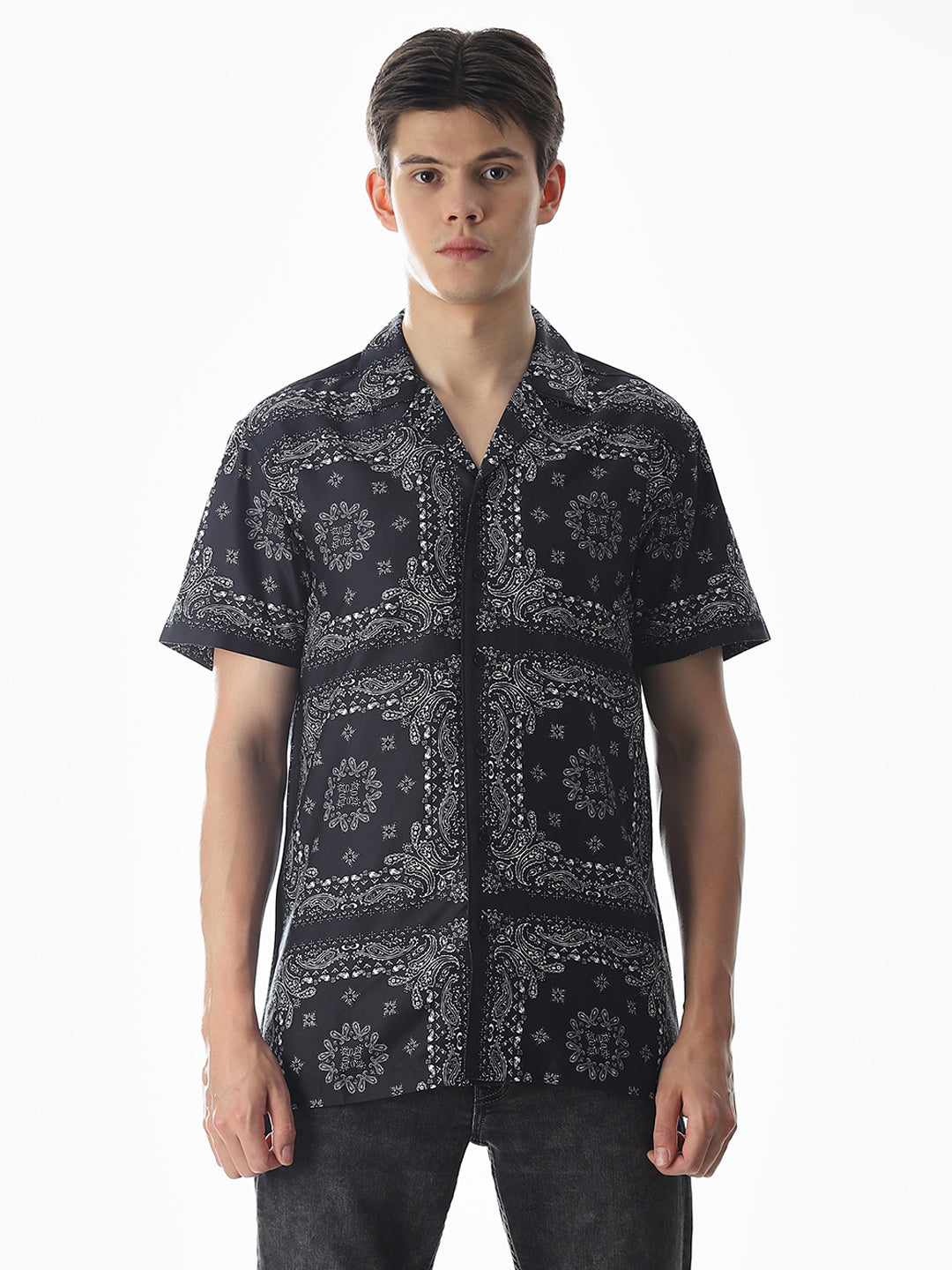 Black Bandana Print Cotton Shirt