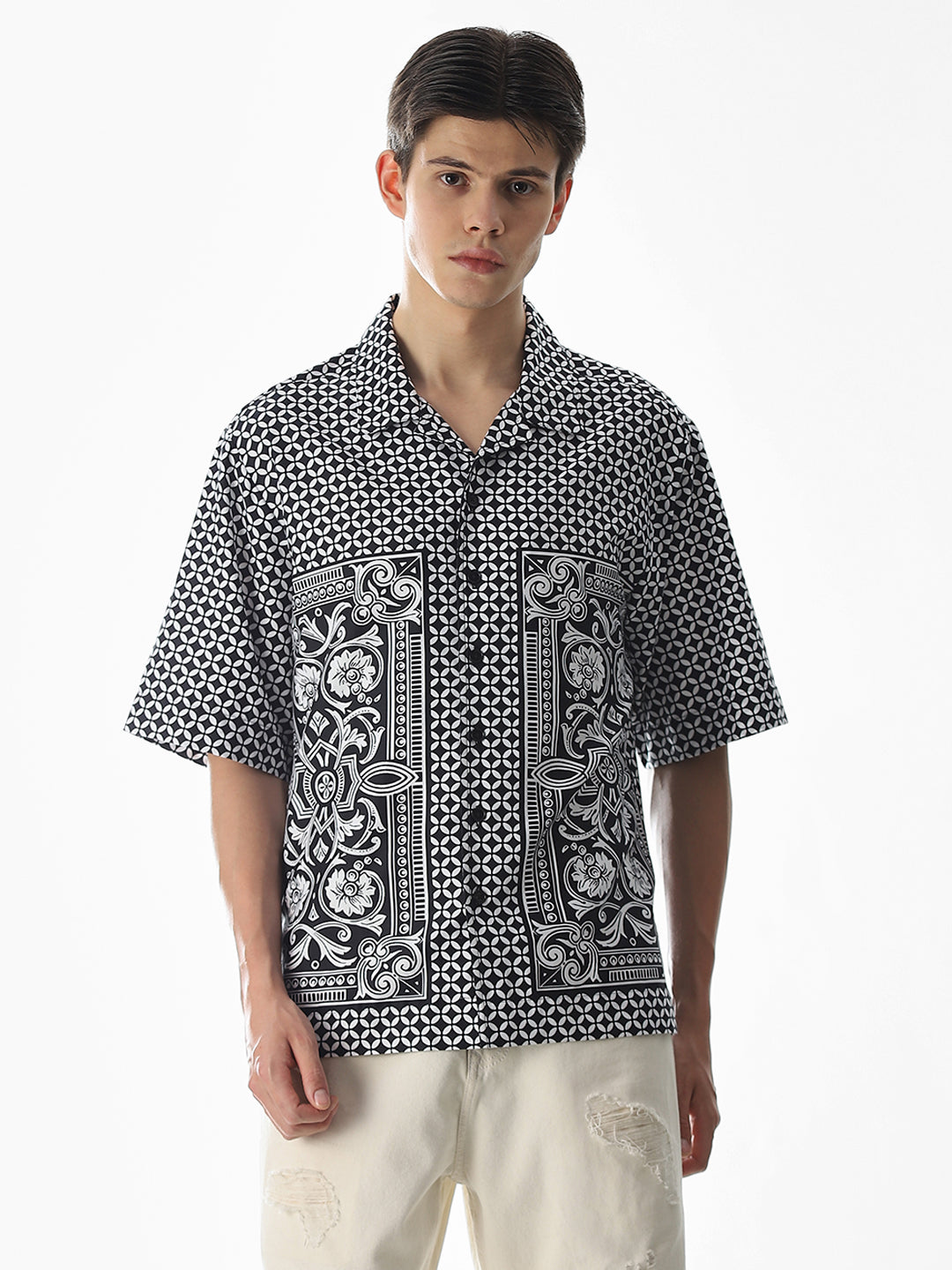 Black Abstract Print Oversized Shirt