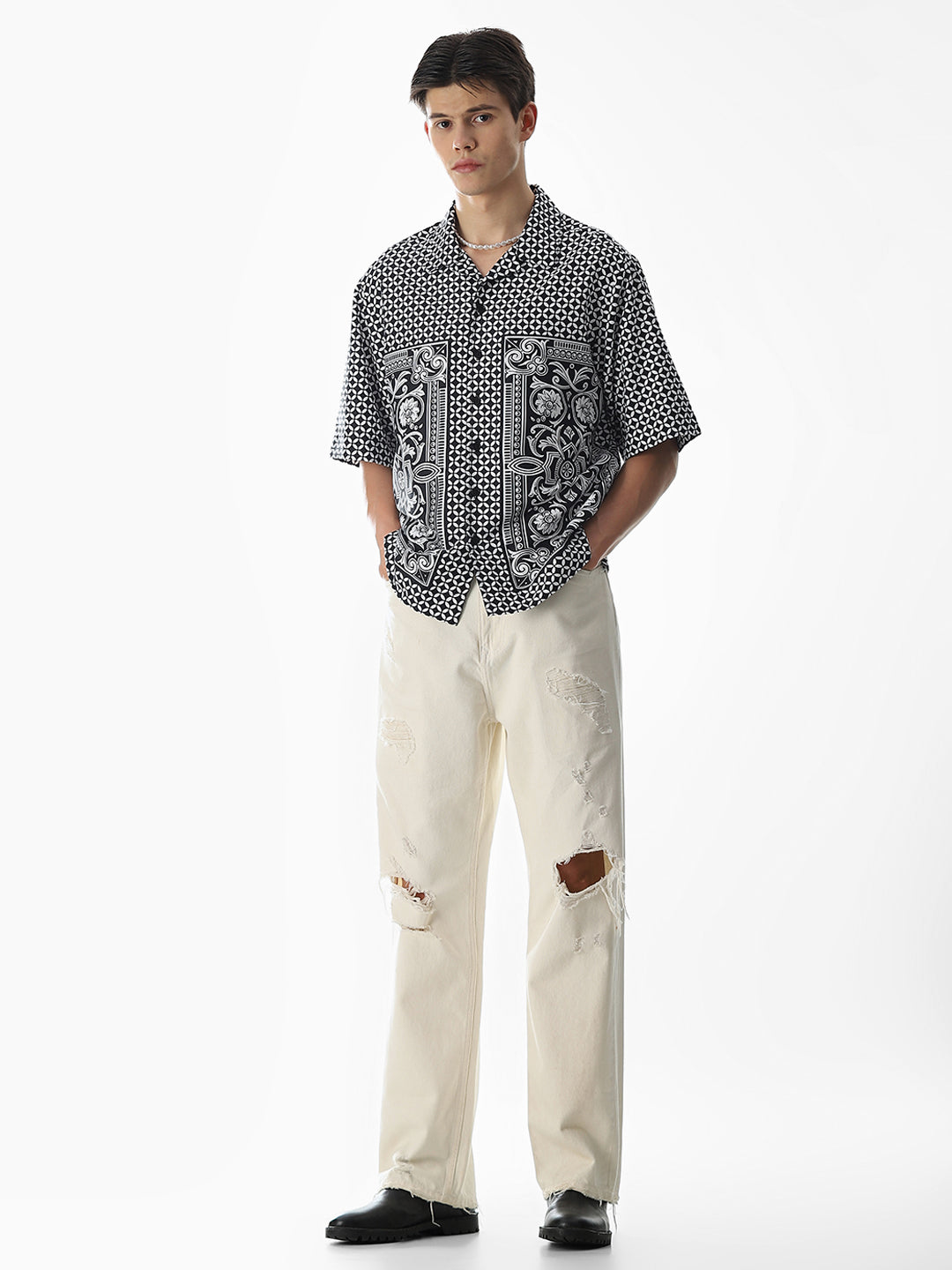 Black Abstract Print Oversized Shirt